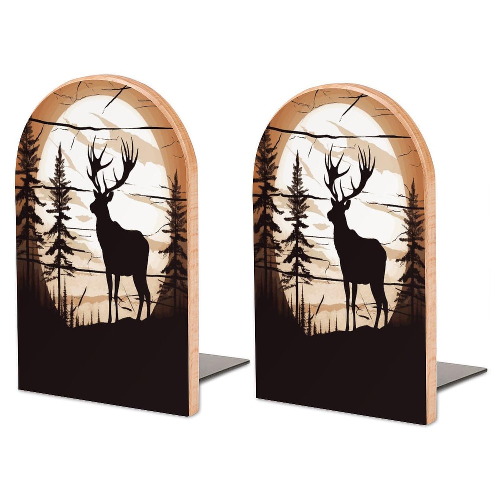 Large Wild Elk Silhouette Book End with Metal Base Fashion Heavy Duty Bookend Exquisite Wooden Bookends Non-Skid Book Stopper for Shelves Books Organizer for Office Home 1 Pair