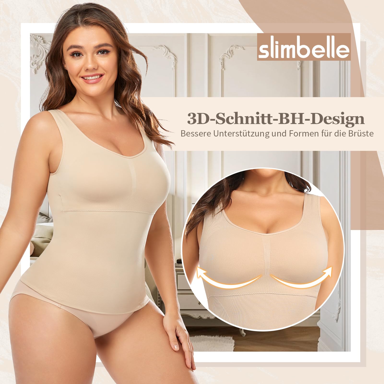 SLIMBELLE Damski podkoszulek biustonosz, koszula, bezszwowy tank top ze zdejmowanymi miseczkami, wyszczuplający brzuch, bez fiszbin, koszulka, modelująca figurę, modelująca sylwetkę, modelująca