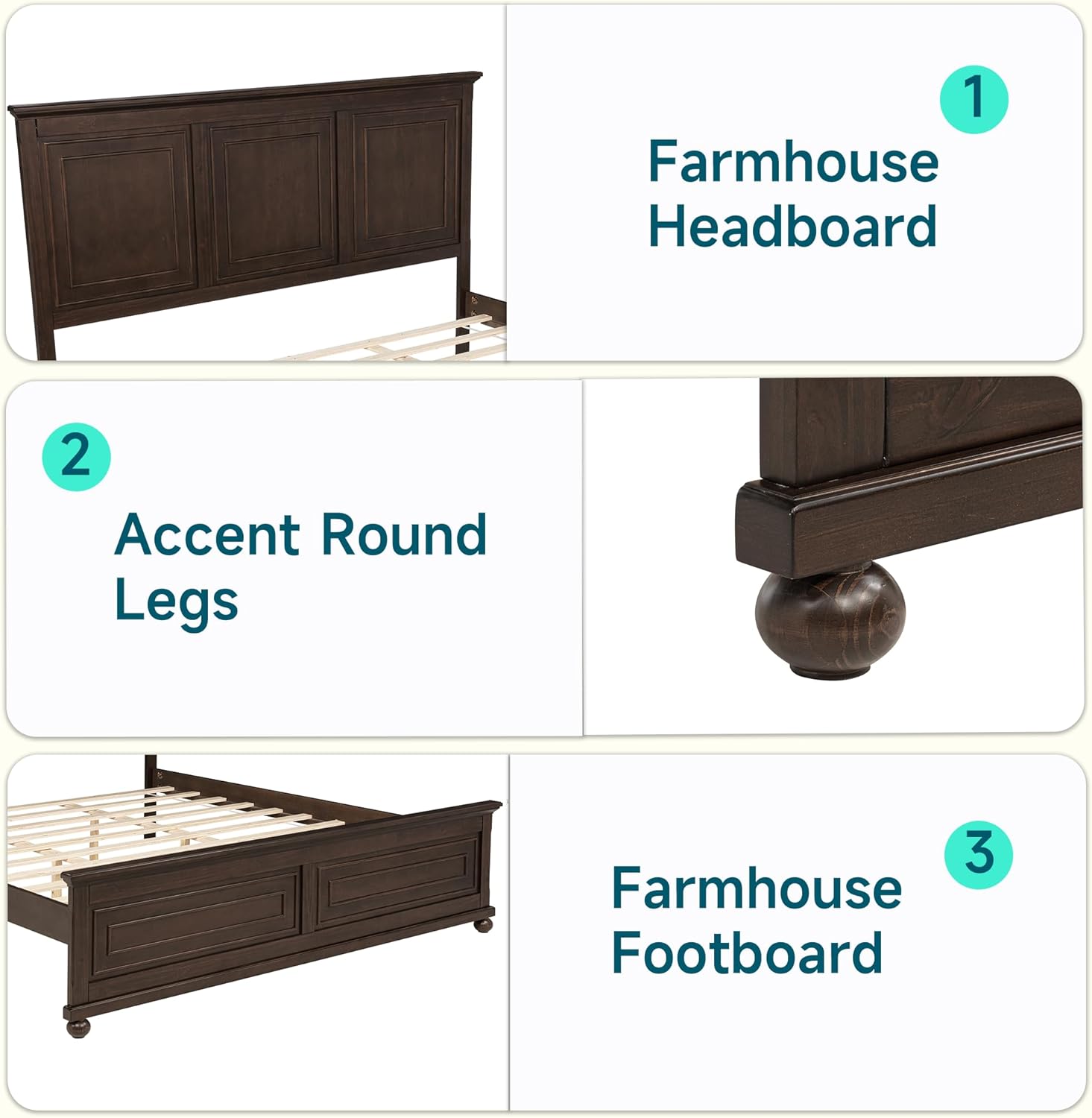 Farmhouse King Bed Frame with Tall Headboard, Wood Platform Bed and Footboard & Charging Station, Mid-Centery Rustic King Panel Beds with Slats Support, No Box Spring Needed, Rustic Brown