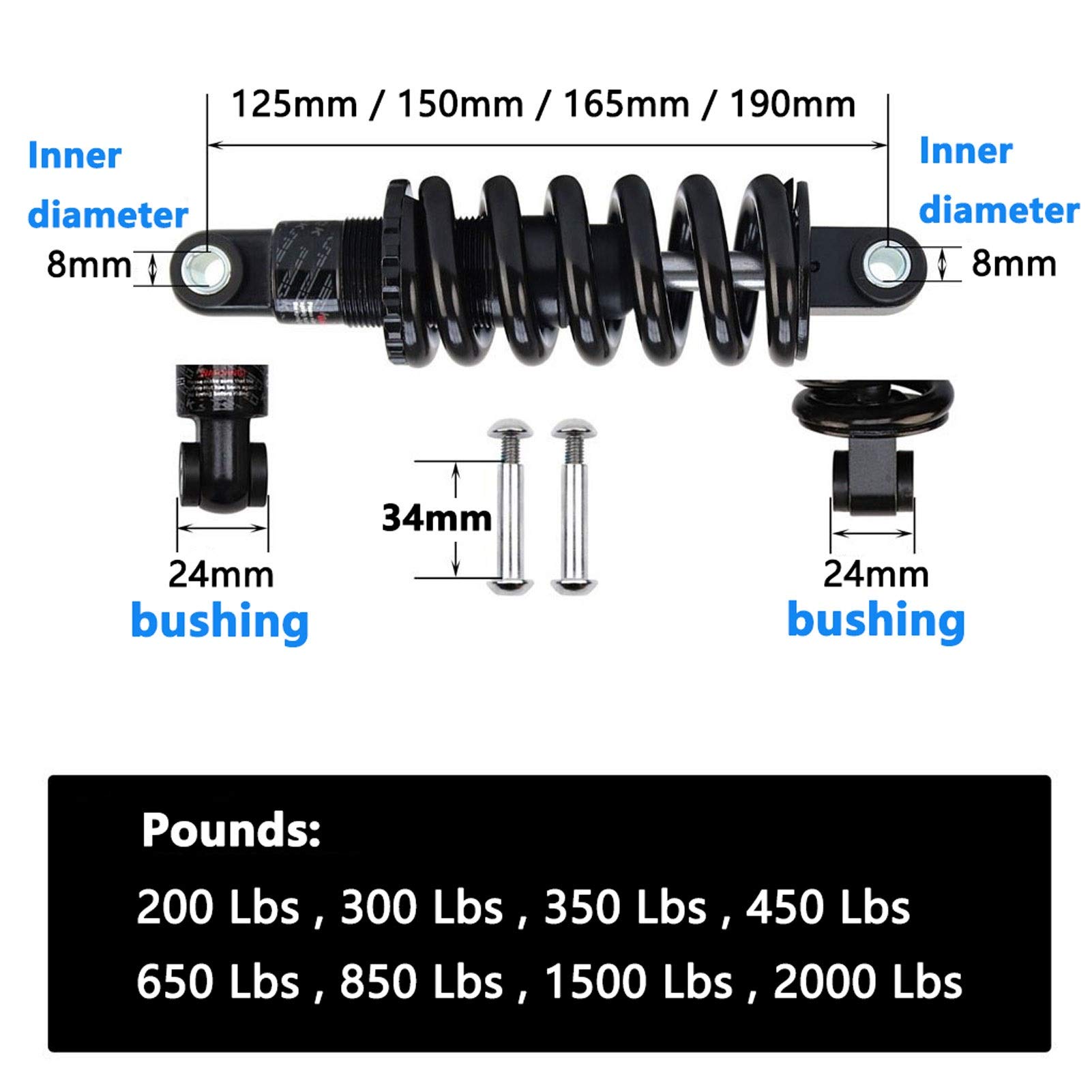 LvTu MTB Bike Achterschokdemper 125mm (4.92) 150mm (5.9)165mm (6.49) 190mm (7.48), Coil Spring Bike Schokdemper Suspension Mountain Wheel Stoel (Color : 190mm, Size : 450Lb