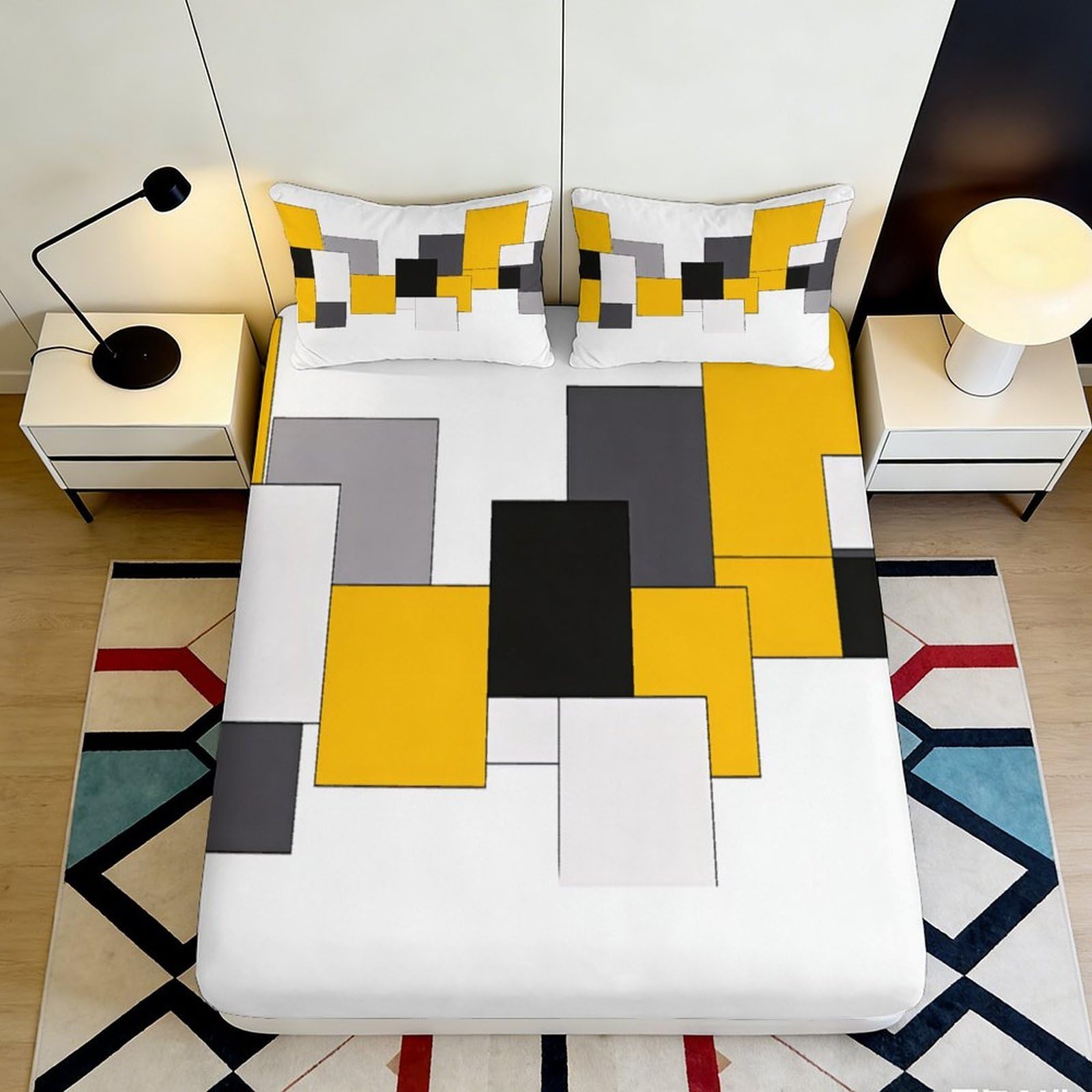 Uynsixtme Style-4 3D Printed Geometric Patchwork Fitted Sheet Microfiber Deep Pocket Non-Slip Bedroom Bedding Geometric Patchwork Mattress Fitted Cover Washable Protection 140X200x25cm