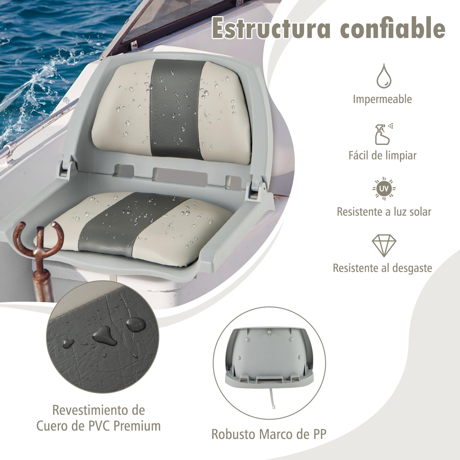 COSTWAY Asiento Barco Plegable, Sillas para Barco con Respaldo Bajo, Cojines Tapizados de Cuero de PVC, Asiento Yate Impermeable, Canoa