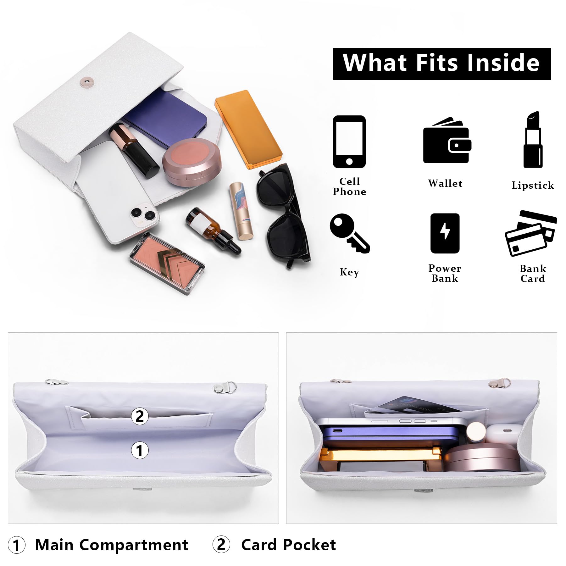 Larcenciel Clutch biała, błyszcząca torba ze zdejmowanym łańcuszkiem, zielone cekiny, torebka wieczorowa, elegancka torebka crossbody, na bal noworoczny, święta, imprezy i wesele (22 x 5 x 11,5 cm