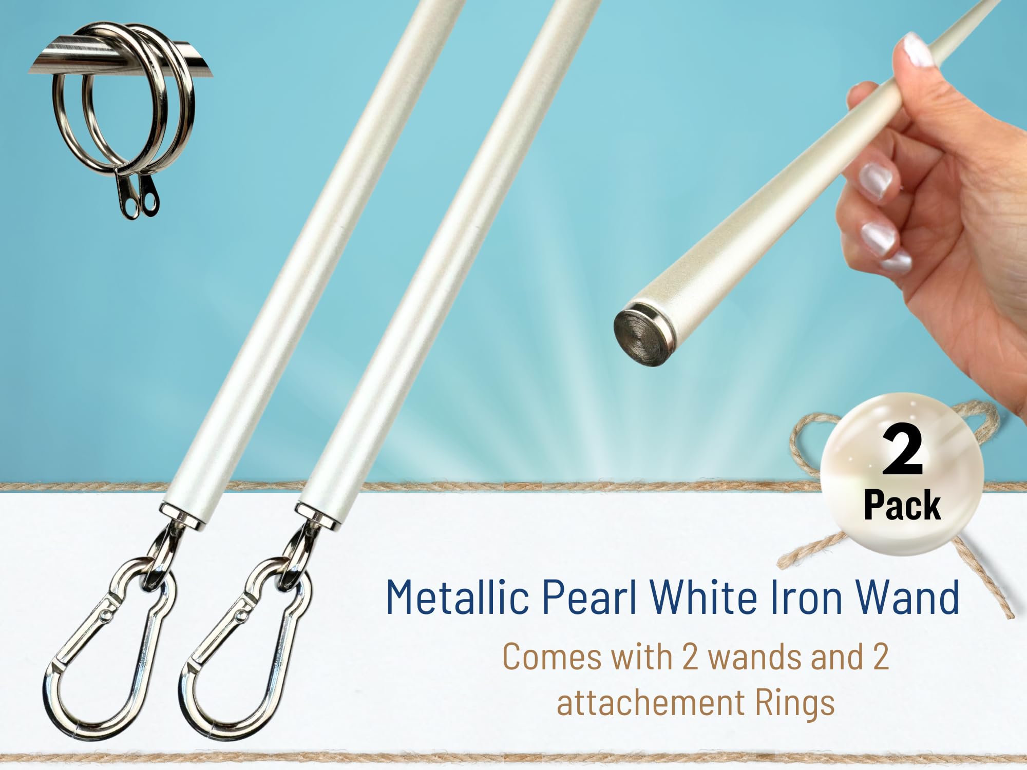 OooWow 46 inch (2 Pack) Pearl White Iron Curtain Pull Wand - 2 inches shy of 48 inch - Strong Drapery Pull Rod - Versatile Curtain Wand - Metal Drapery Wand (46in WW 2pk)