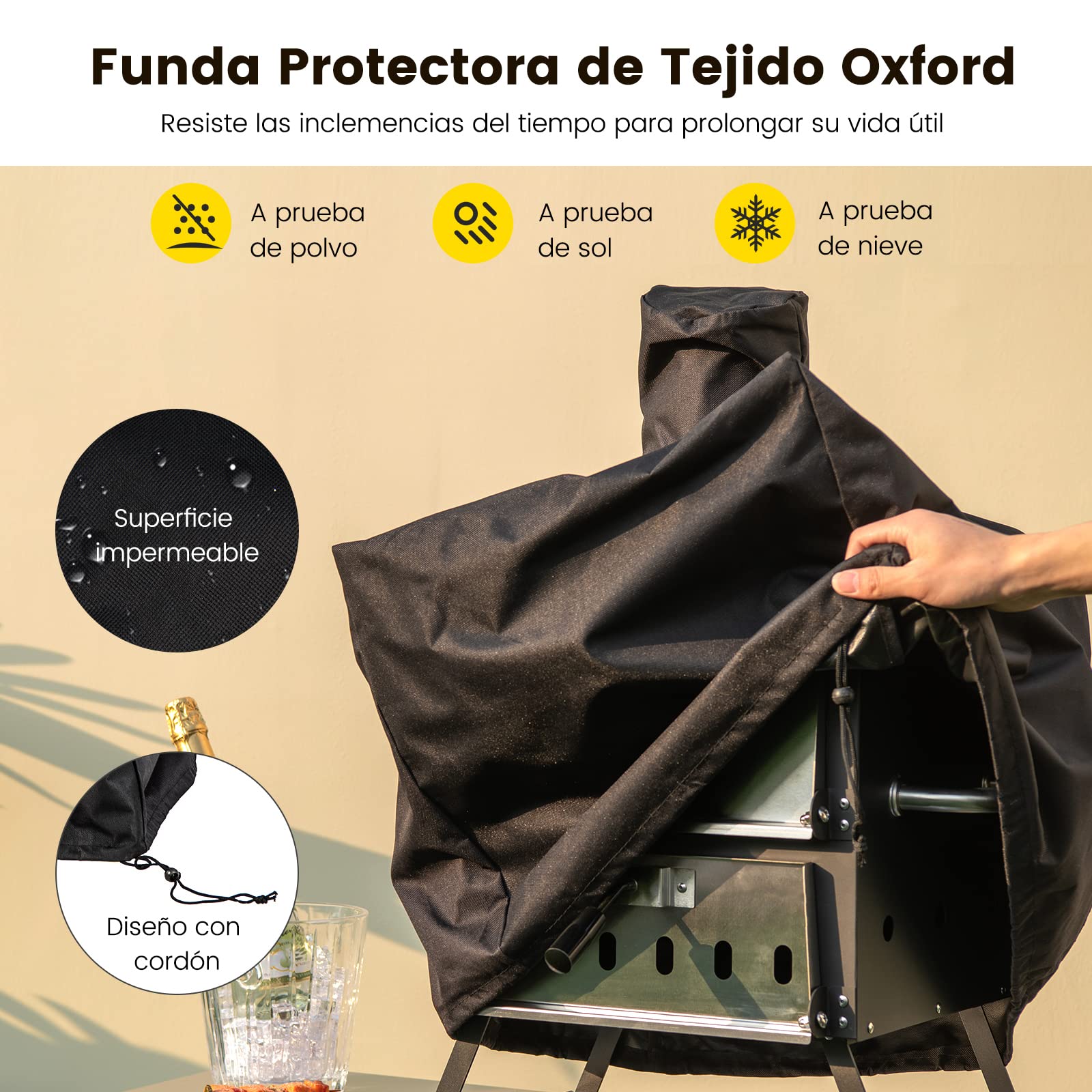 COSTWAY Horno de Pizza de Exterior, 2 Capas, Horno de Jardín a Leña con Asas Anti-quemaduras, Patas Plegables, Piedra de Pizza, Pala de Pizza, Cubierta Impermeable para Picnic, Fiesta, Camping