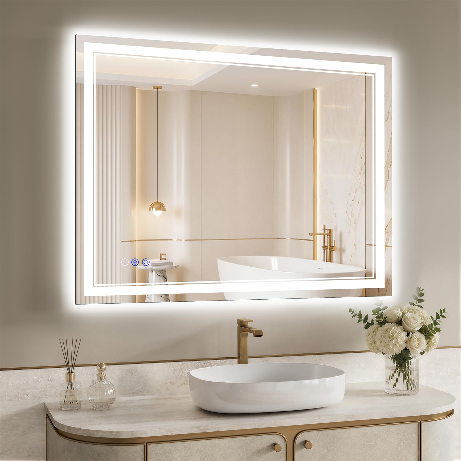 XRAMFY Bathroom Mirror with LED Lights, 91x76 cm Led Mirror with Anti-Fog, 3 Colors Dimmable, Memory Function, HD Tempered Glass Wall Mirror Horizontal/Vertical