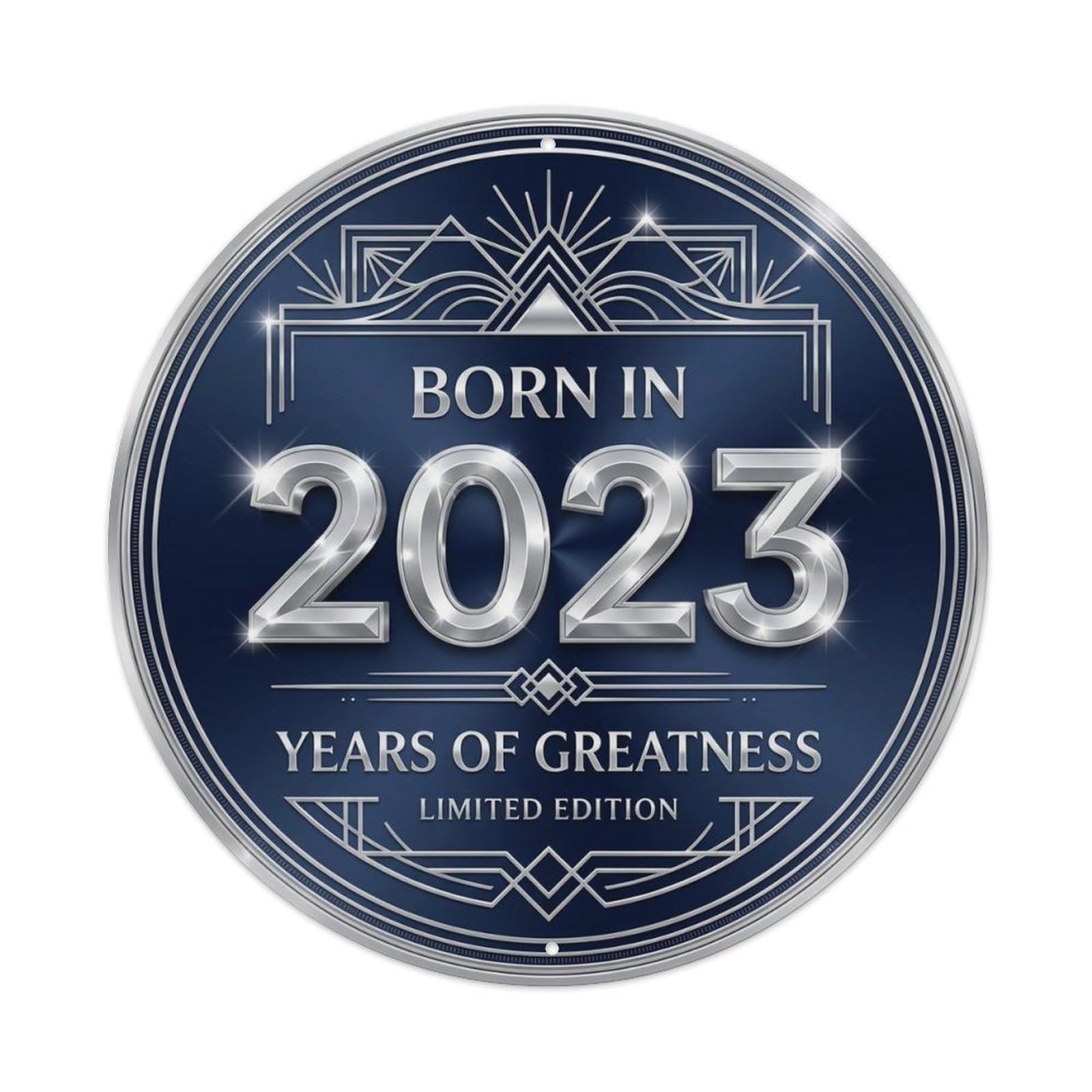 Born In 2023 Years Of Greatness Year-Themed Birthday Gift Metal Tin Sign Plaque Wall Decor for Cafe, Club, Garden Round Metal Poster 8x8Inch