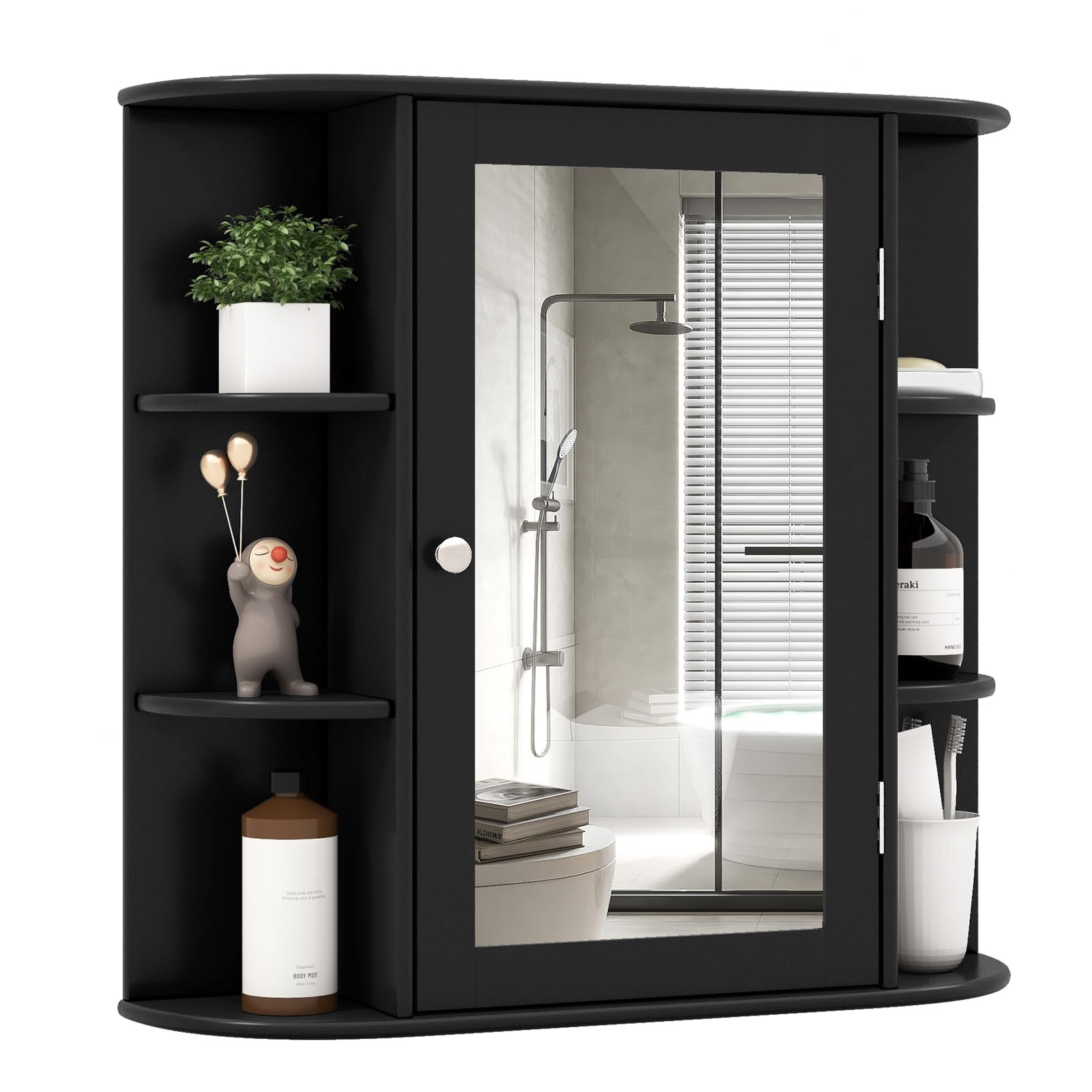 GIANTEX Armoire Murale Salle de Bain avec Miroir, Meuble WC Suspendu avec Portes-Miroir et Étages Réglables, Étagère de Rangement en 6 Niveaux,17 x 65 x 64 cm, Noir