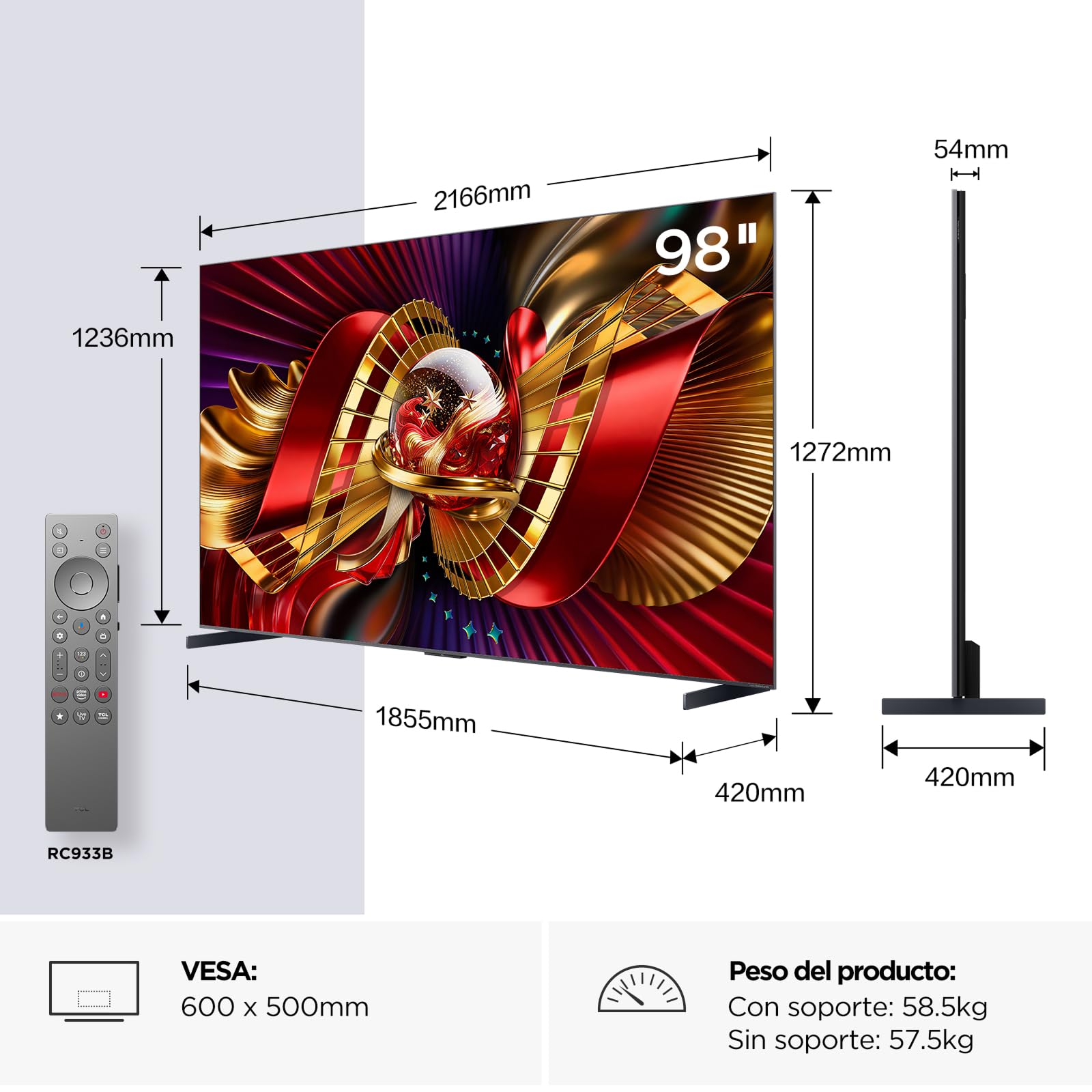 TCL 98C8L Televisor 98 Pulgadas SQD-Mini LED 4K Smart TV, HDR 6000 nits, 4032 Local Dimming, 144Hz Motion Clarity Pro, Bang & Olufsen, Dolby Vision IQ & Atmos, Game Master, Google TV, Apple AirPlay 2