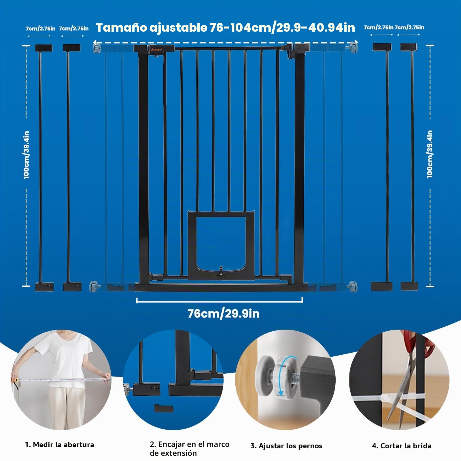 UBRAVOO Barrera de Seguridad Puerta para Bebés Puerta para Perros Altura 100 CM Puerta de Seguridad para Niños 76-104 cm de Ancho Cierre Automático Triple Bloqueo Abierto Mantenga la Puerta