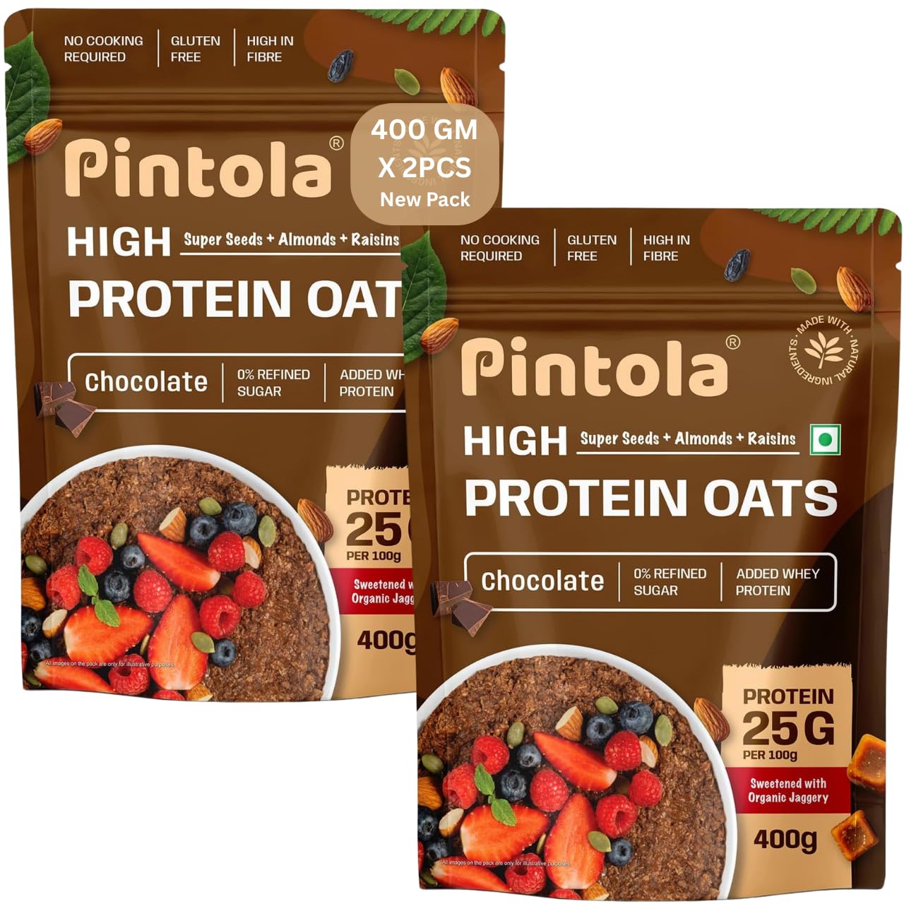 PINTOLA 25G High Protein Oats Dark Chocolate,No Refined Sugar, with Almonds Raisin, Pumpkin and Chia Seeds, 8g Fibre, Rolled Oats, Breakfast Cereals | Gluten Free (2 pcs of 400g)
