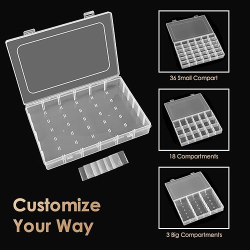 Miniatura 3 de QUEFE Paquete de 8 cajas de almacenamiento de plástico transparente de 36 rejillas, almacenamiento de manualidades con divisores ajustables para