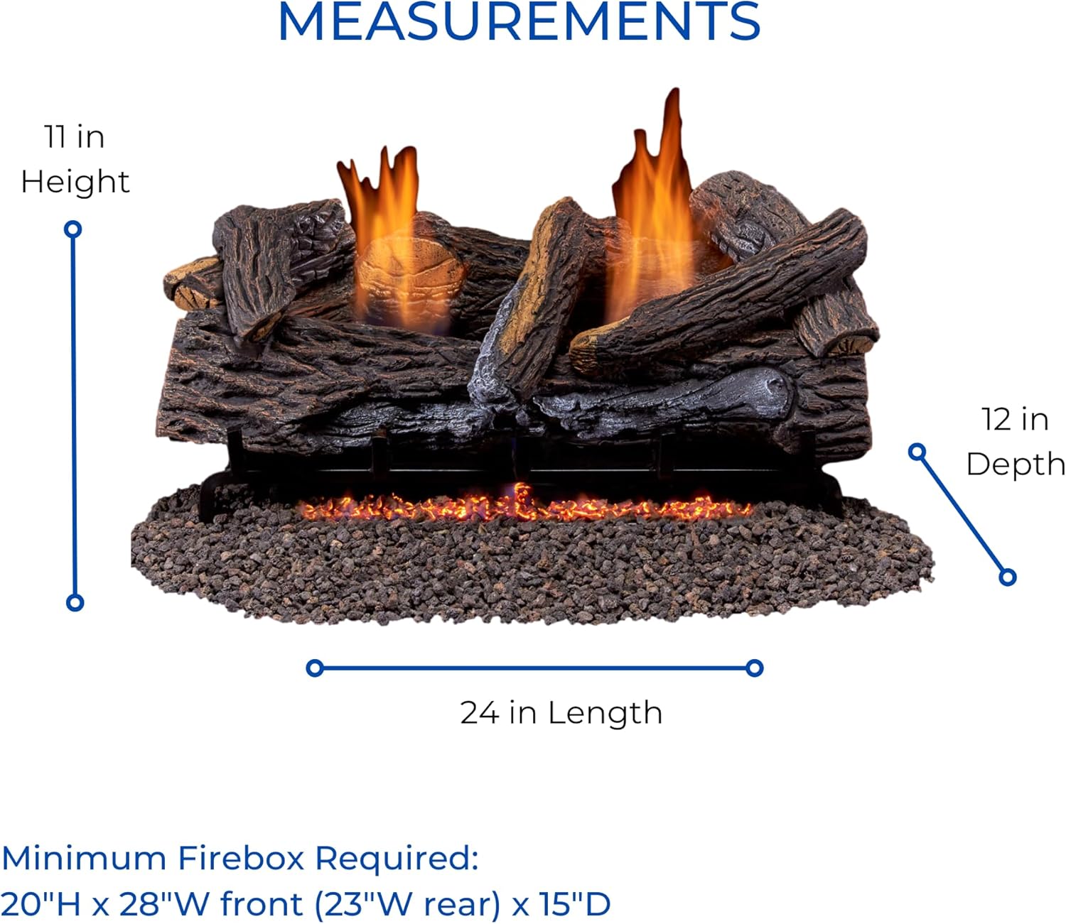 Diagram showing the dimensions of the Duluth Forge Ventless Gas Log Set and the minimum required firebox dimensions.