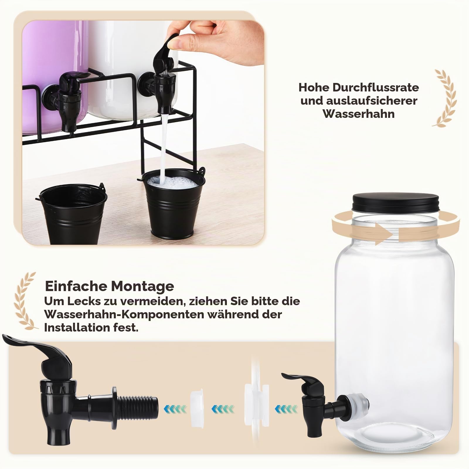 Flüssigwaschmittelspender, 3x 2.2L Waschmittelspender, Glasbehälter für Flüssigwaschmittel, Bleichmittel, Weichspüler, Waschseifenspender für Waschküchen-Organisation