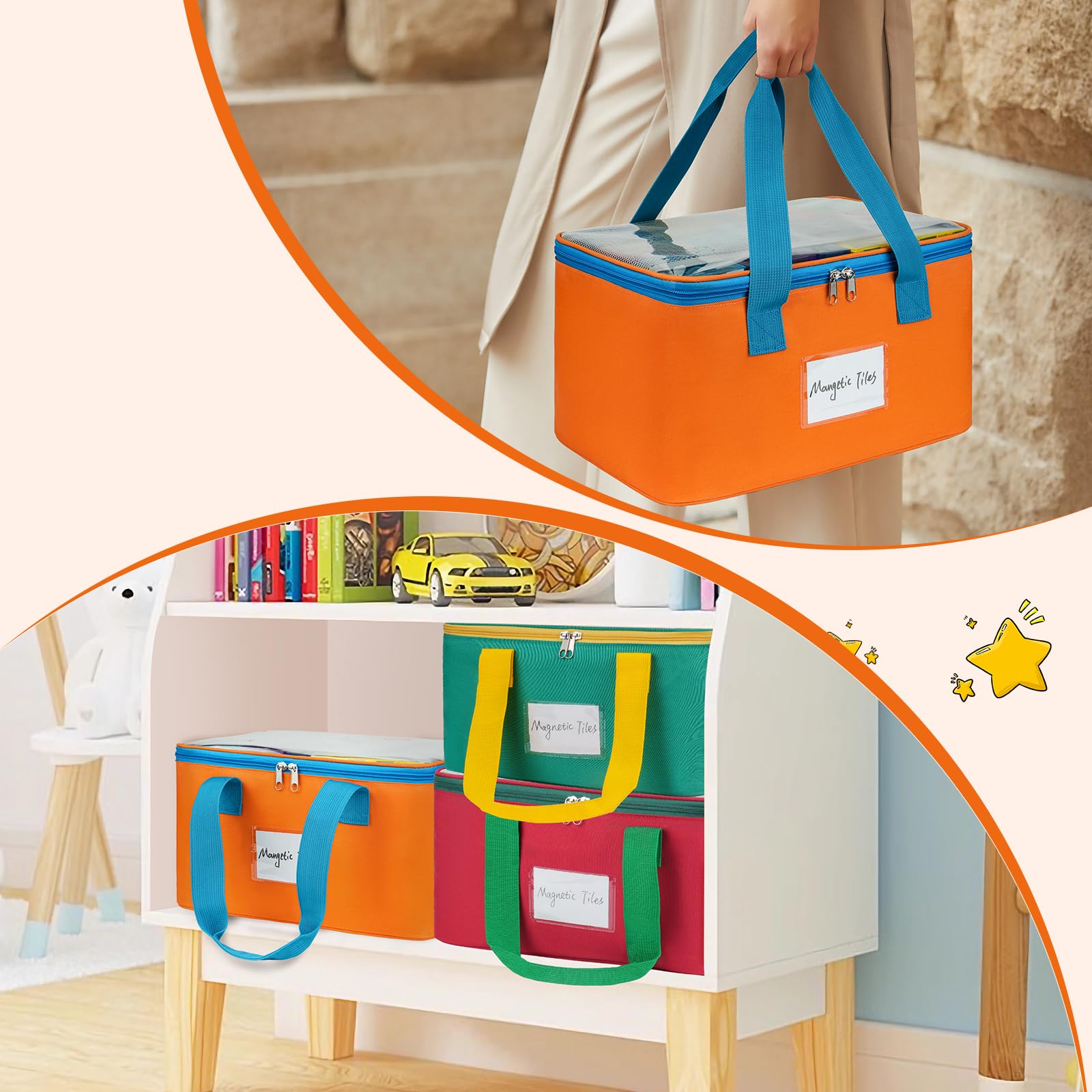 3 Packungen große magnetische Fliesen-Aufbewahrungstaschen, magnetischer Fliesen-Aufbewahrungsbehälter, Spielzeug-Organizer mit Netztasche und Tag-Tasche für Magnetbaufliesen, Brettspiel, Puzzle und