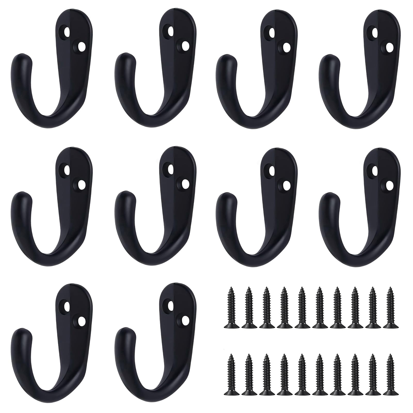 Ldzzuo 10Pcs Black Coat Hooks, Wall Mounted Metal Heavy Duty Hooks with 20 Screws for Bathroom, Kitchen, Bedroom, Door, Hanging Clothes, Bags, Towels, Keys, Hats (Style 1)