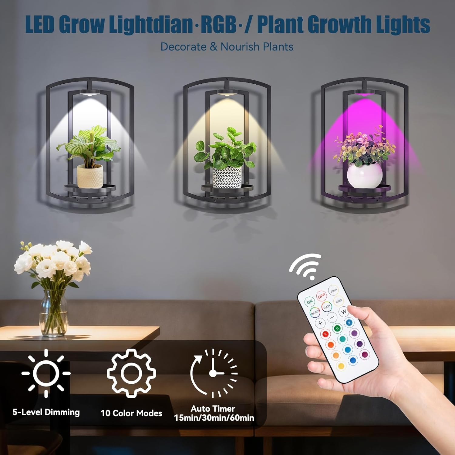 Wall Plant Holder with Remote Grow Lights, Framed Plants Holder for Indoor Plants Wall Decor, Living Room Plant Stand, Window Plant Shelves, 1 Pack