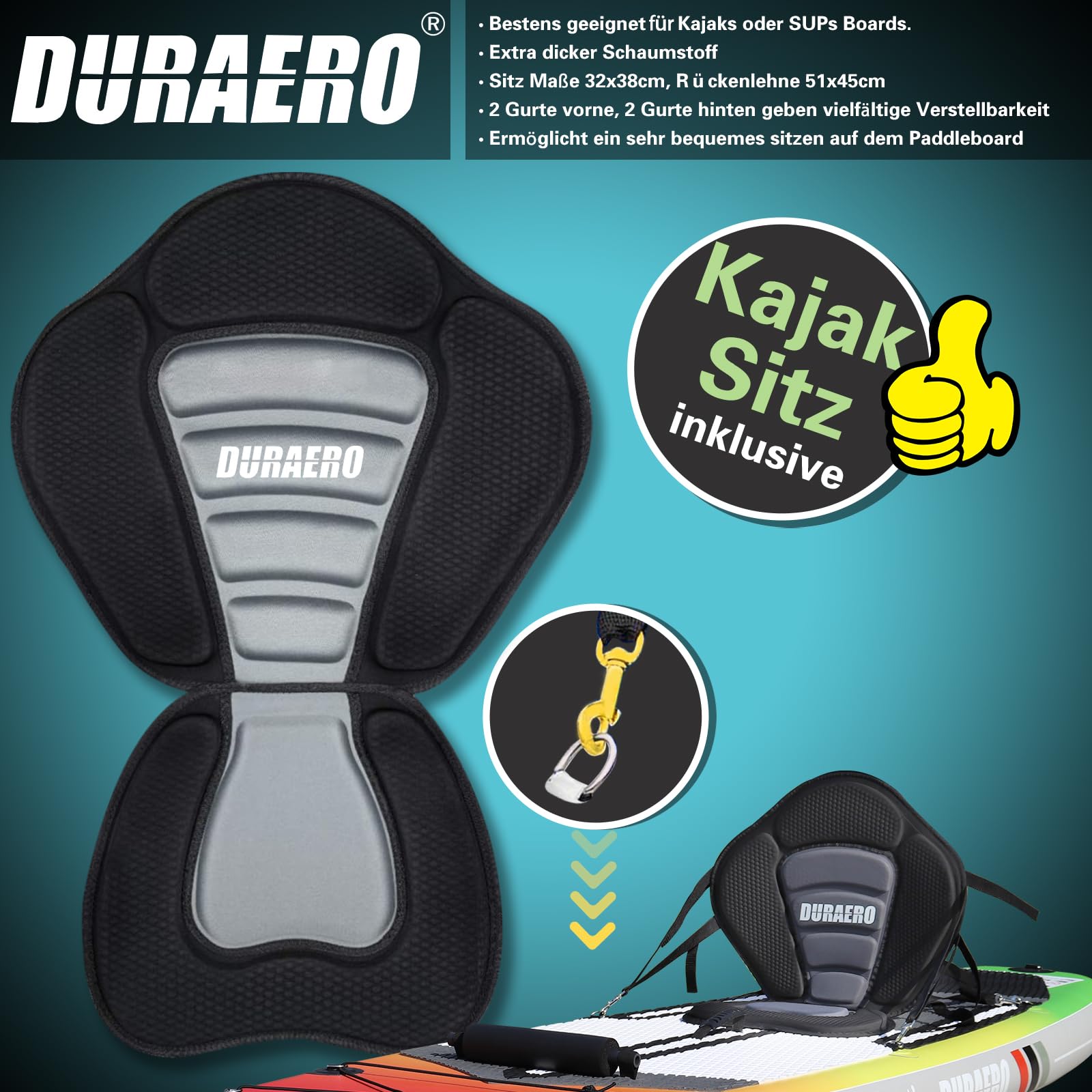DURAERO Asiento de kayak premium para tabla de surf de remo, tabla de surf