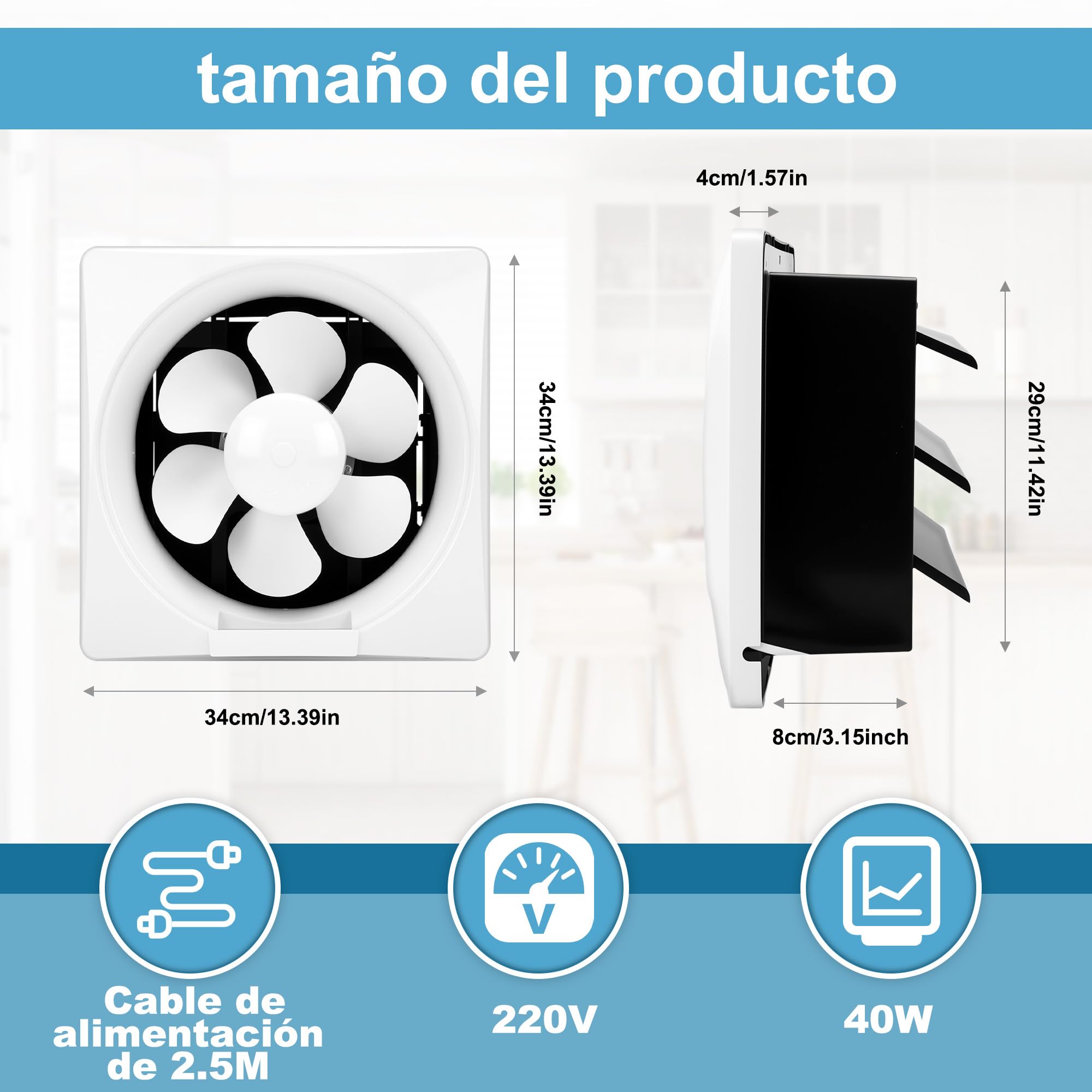 Ventilador de pared, operacion silenciosa, construccion duradera, 25cm, for cocina, bano, taller, almacen y mas (25cm)