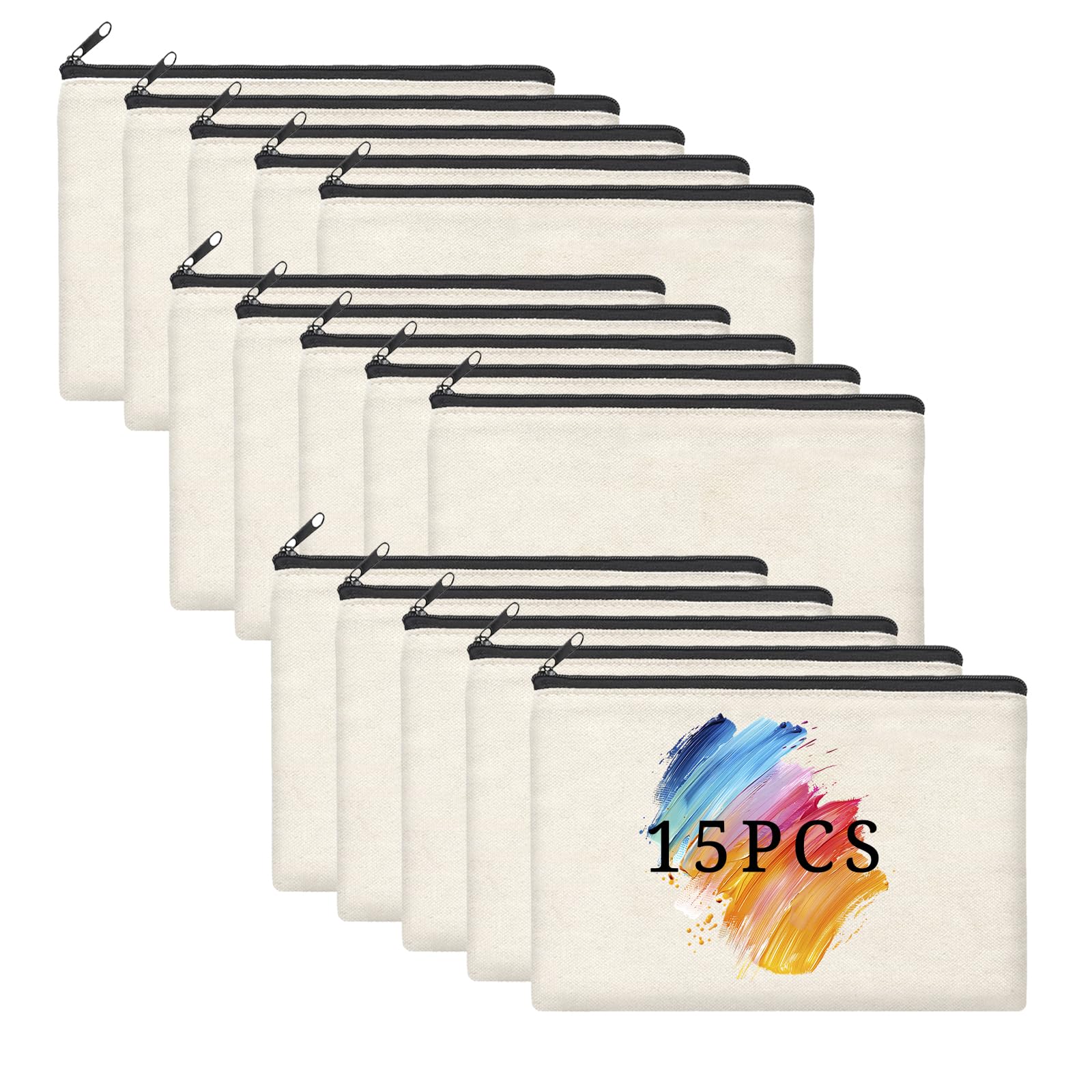 DCLOVERY 15PCS Large Blank DIY Canvas Pencil Pouch Makeup Bags Bulk，6.9×9Inch Large-Capacity Multi-Purpose Toiletry Bag Zipper Pouch Travel Storage