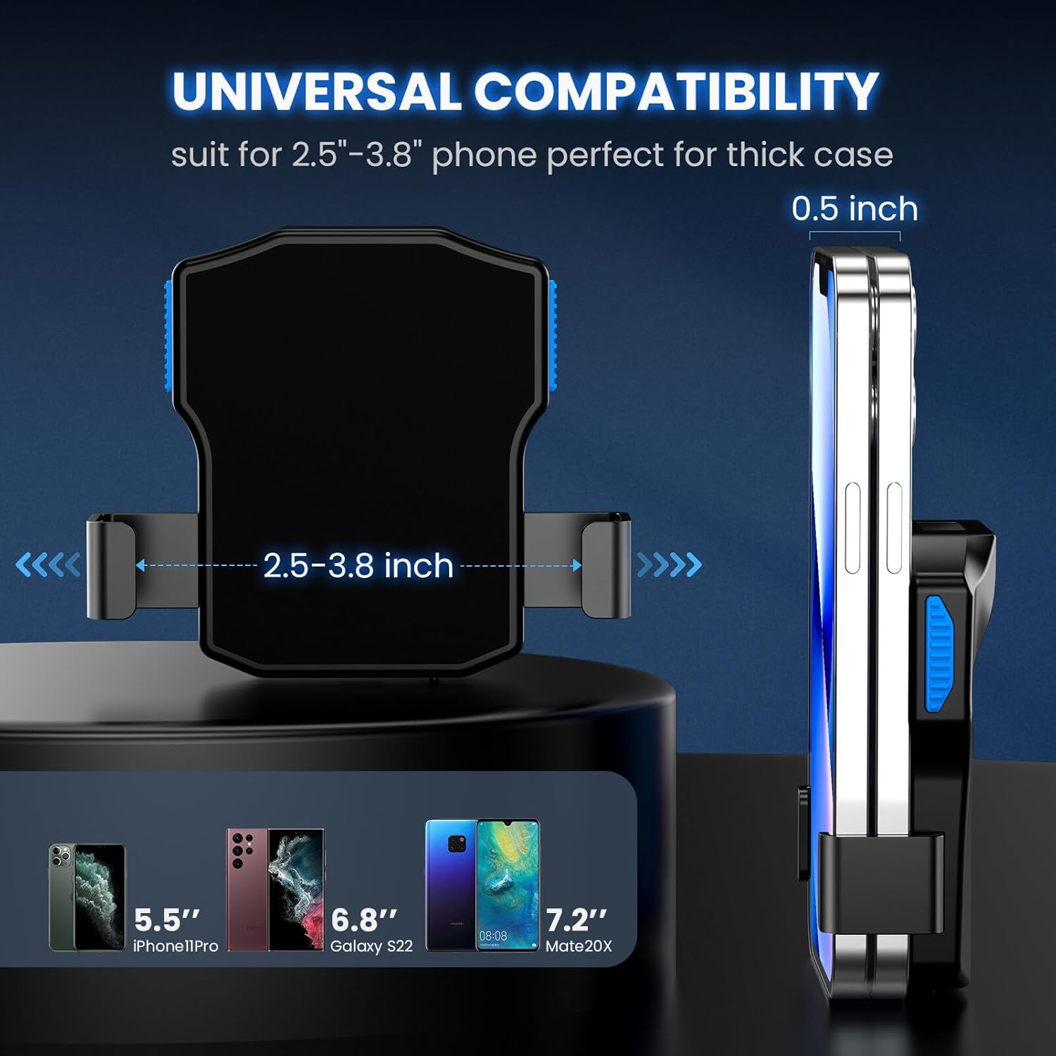 Diagram showing the universal compatibility of the scanner clip, fitting phones from 2.5 to 3.8 inches wide and up to 0.5 inches thick.