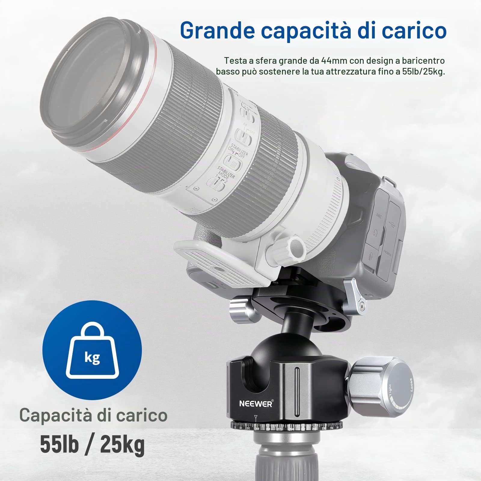 NEEWER Testa a sfera a basso profilo, 44 mm, resistente CNC, in lega di alluminio con doppia vite panoramica a 360° e 1/4", per fotocamera DSLR, videocamera, treppiede, monopiede, massimo carico: 25