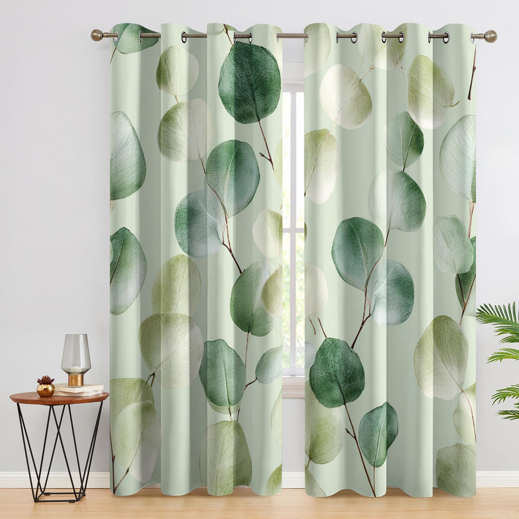 Eucalyptus Leaves Curtains Blackout for Home Decor, Thermal Curtains Green Leaf Botanical Pattern, Living Room & Bedroom Eyelet Drapes 63 Inch Drop, 52x63, 2 Panels A&1316