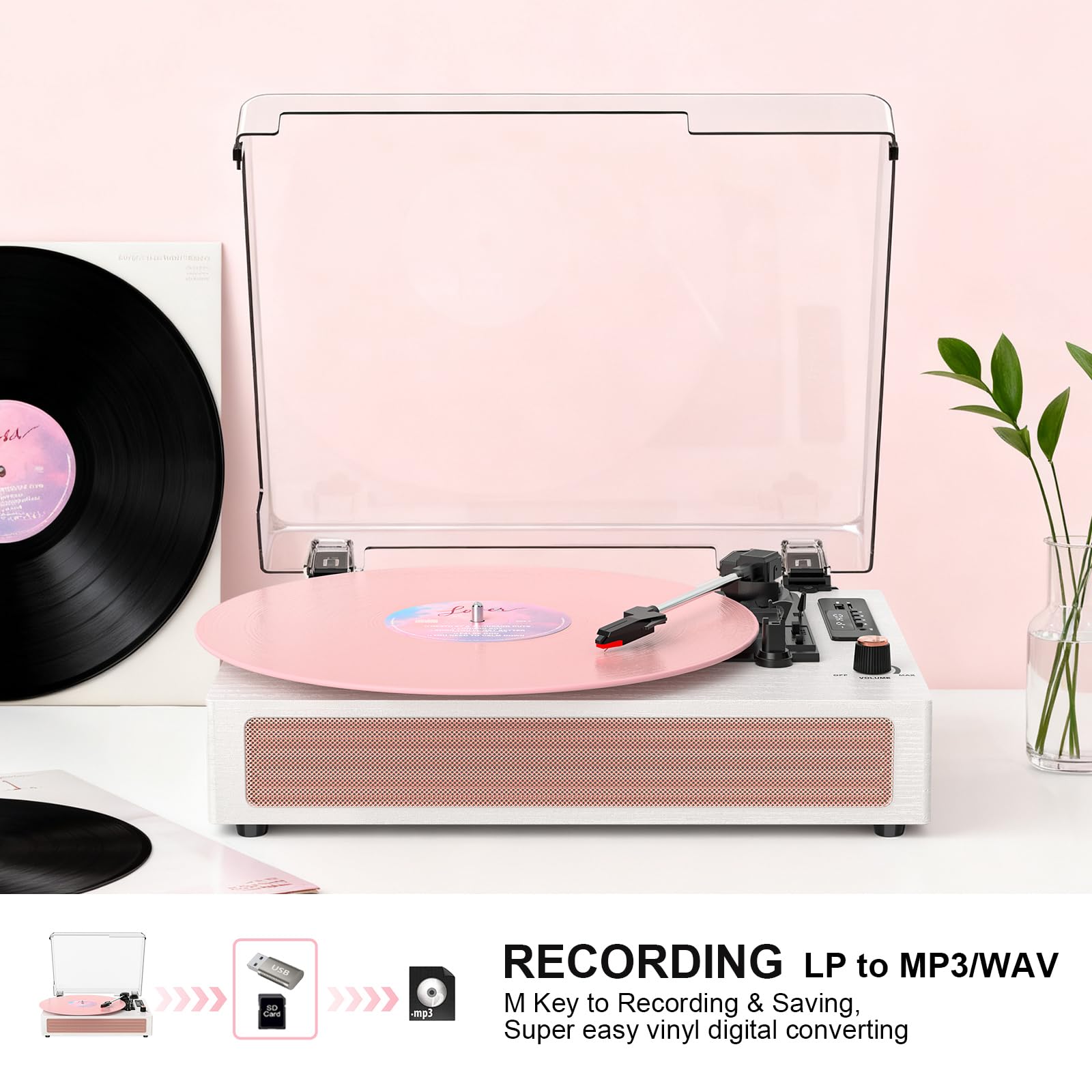 VINYLS LINK Giradischi in vinile con altoparlanti, giradischi Bluetooth con modalità EQ e display LED, giradischi vintage rosa, giradischi a 3 velocità per dischi in vinile, registrazione USB