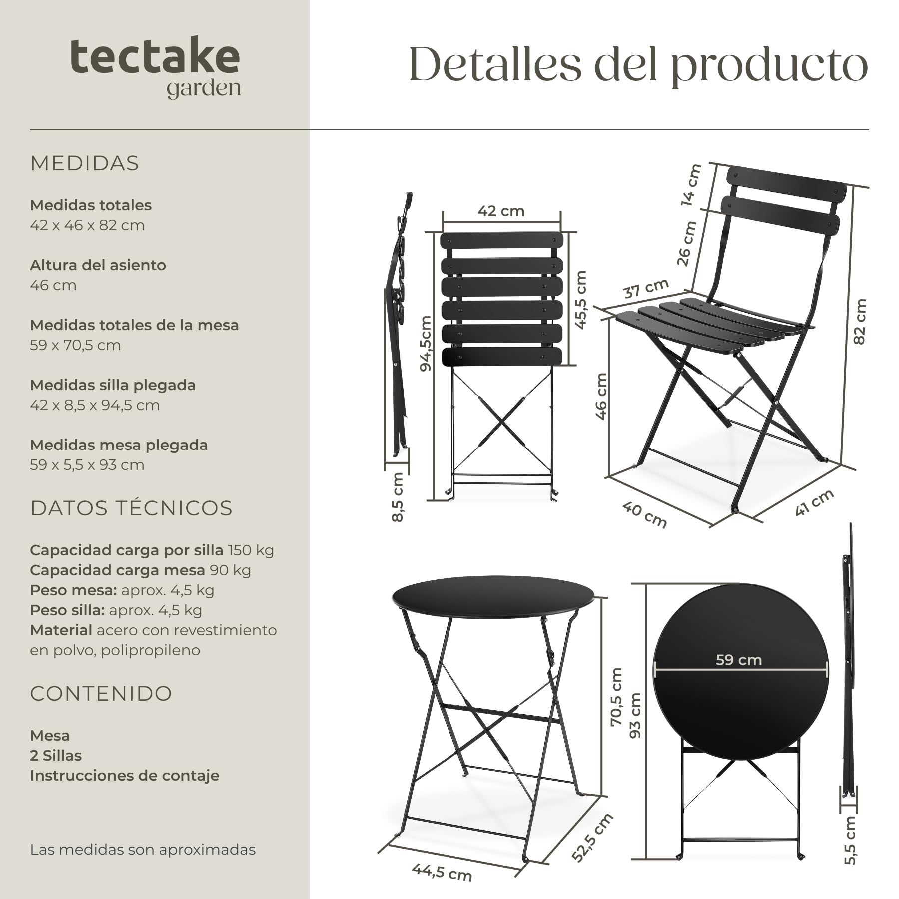 tectake® Conjunto Muebles Jardín Exterior de Mesa de Bistró y 2 Sillas, Plegables, Tapas Antideslizantes, Mesa y Sillas Terraza Estilo Retro con Estructura de Acero, Ideal Balcones Pequeños - Negro