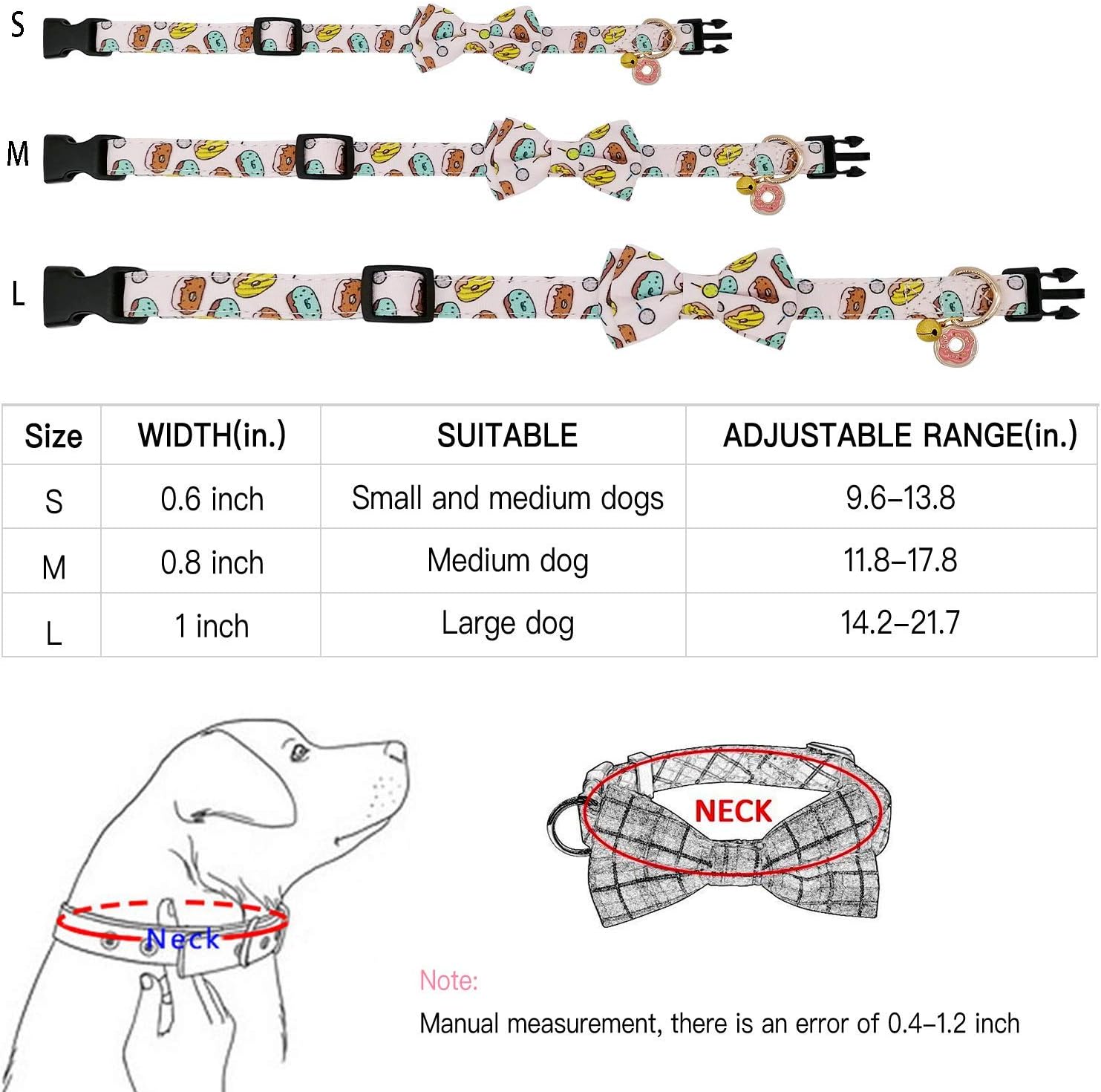 KUDES 2 Pack Dog Collars with Bow Tie, Adjustable Dog Collar with Bells Safety Buckle Cute Pet Collars for Small/Medium/Large Dogs and Cats Boys Girls (Doughnut+Pizza, M(11"-18"))