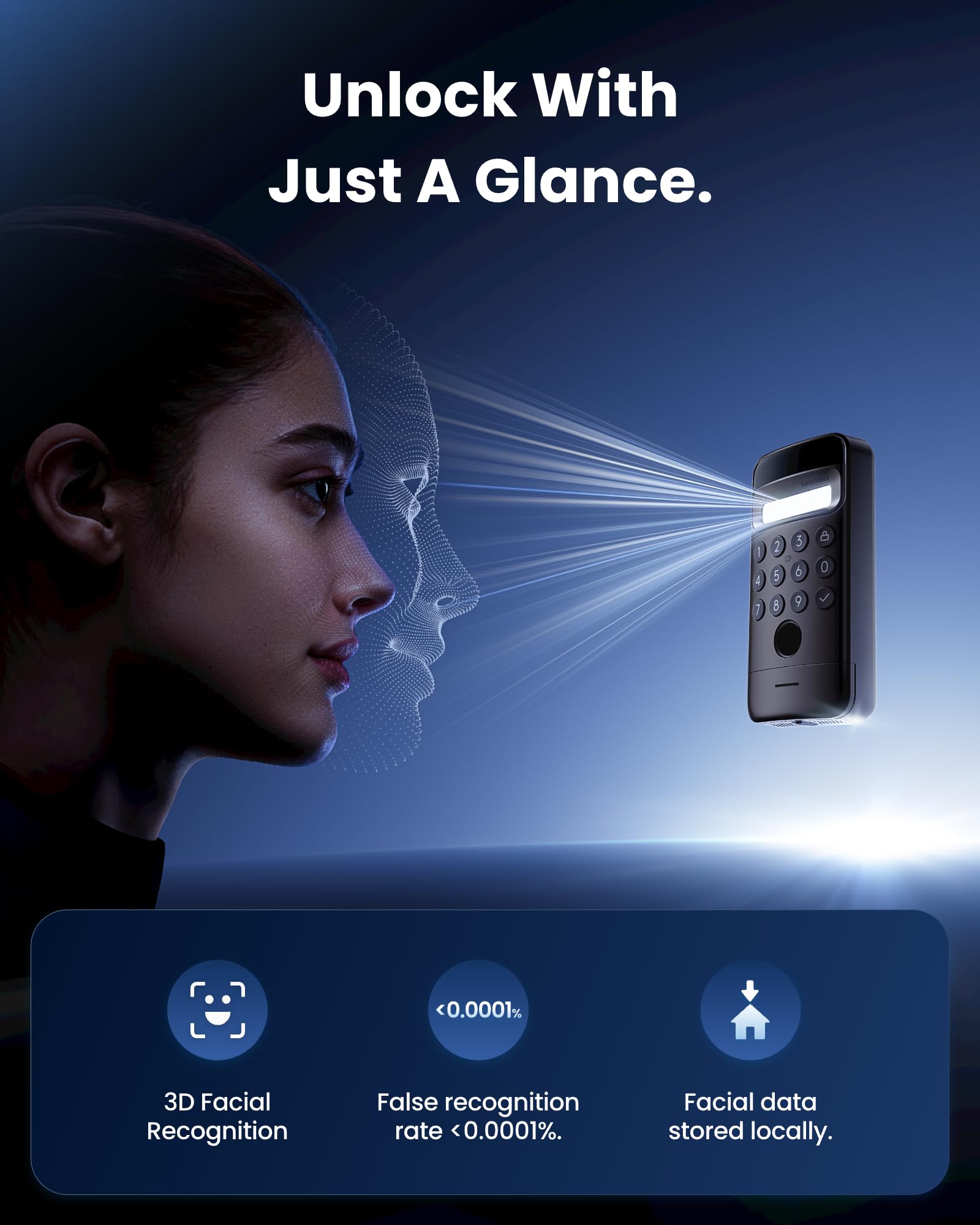 SwitchBot WiFi Smart Lock Ultra con Tastierino Vision Pro e Wallet Finder Card 4Pezzi, riconoscimento 3D di volto e vene palmari, sblocco contactless, compatibile con cilindri europei, Supporta Matter