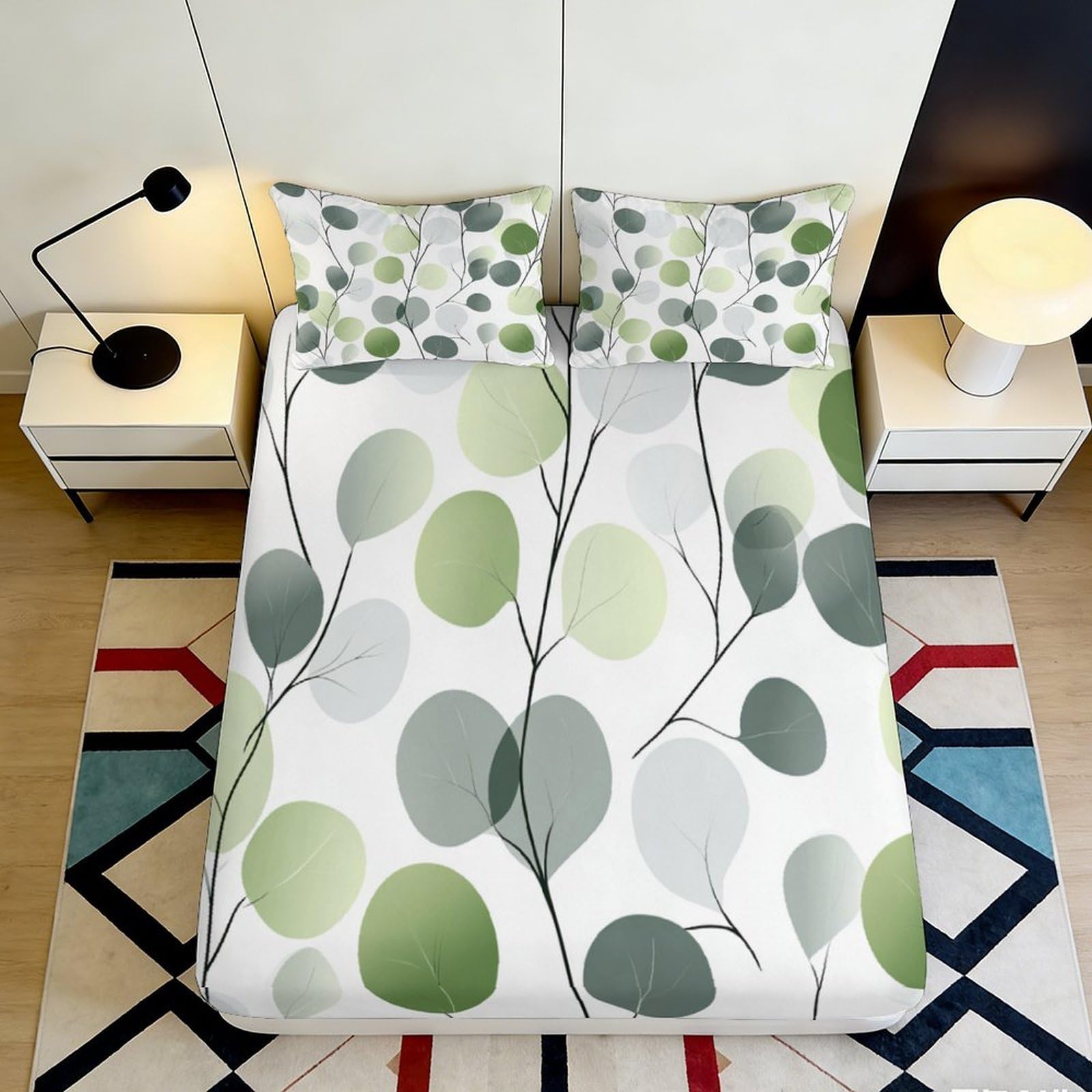 3D Printed Green Leaf Fitted Sheet Microfiber Soft Botanical Branch Bed Cover for Bedroom Guest Room Décor 140x200x25cm