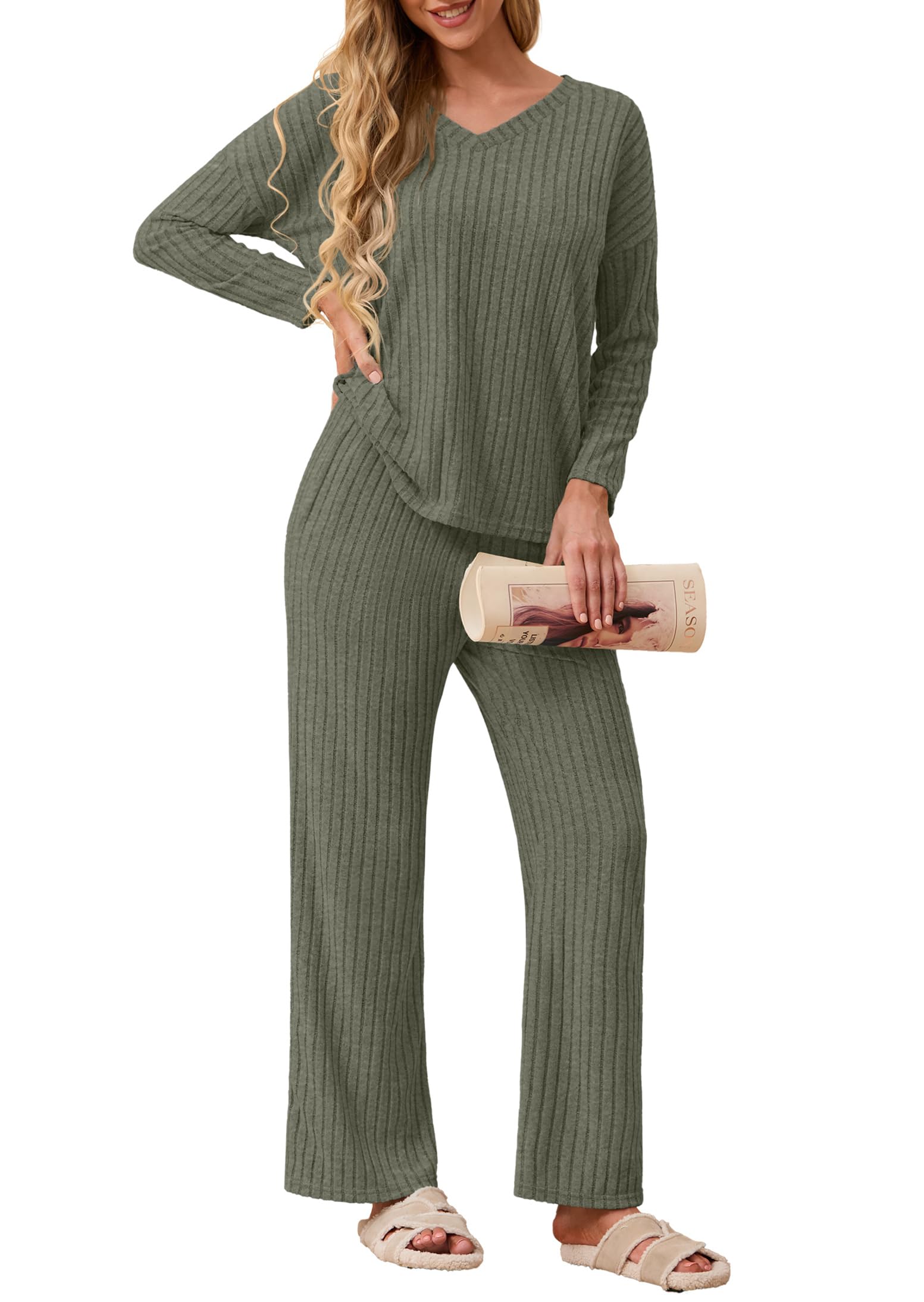 GRECERELLE Schlafanzug Damen Loungewear Pyjama Set Zweiteiler Elegant Gerippt Homewear Herbst Outfit Lose Langarm Oberteile Weitem Bein Hosen Sets