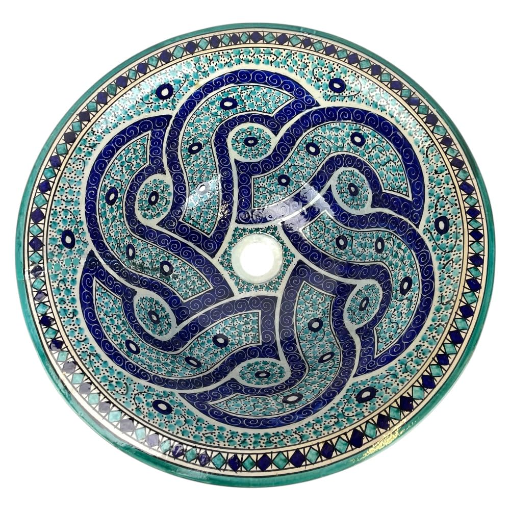 Lavabo Marocchino in Ceramica, Dipinto a Mano, Fes, 50 cm, Blu e Turchese, Motivo Tradizionale