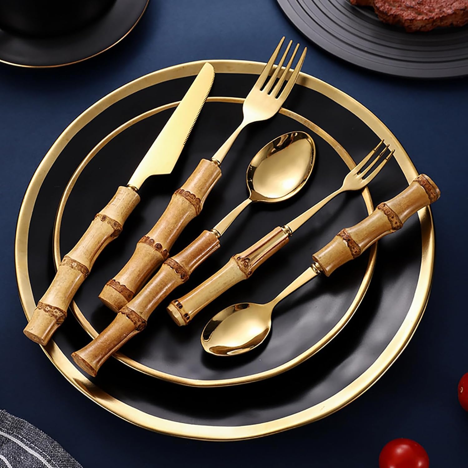 30-Piece Bamboo Flatware Set – Forks & Spoons Bamboo handle Cutlery Utensils set for home and kitchen, 18/8 Stainless Steel Gold Silverware set,Gift for mom Choice
