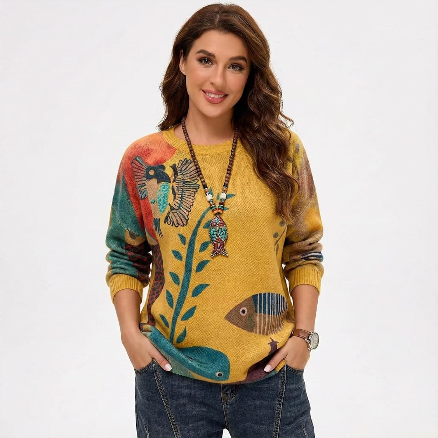 Women's Boho Christmas Sweater, Oversized Long Sleeve Graphic Knit Pullover, Loose Fit Casual Top with Drop Shoulder - Image 6