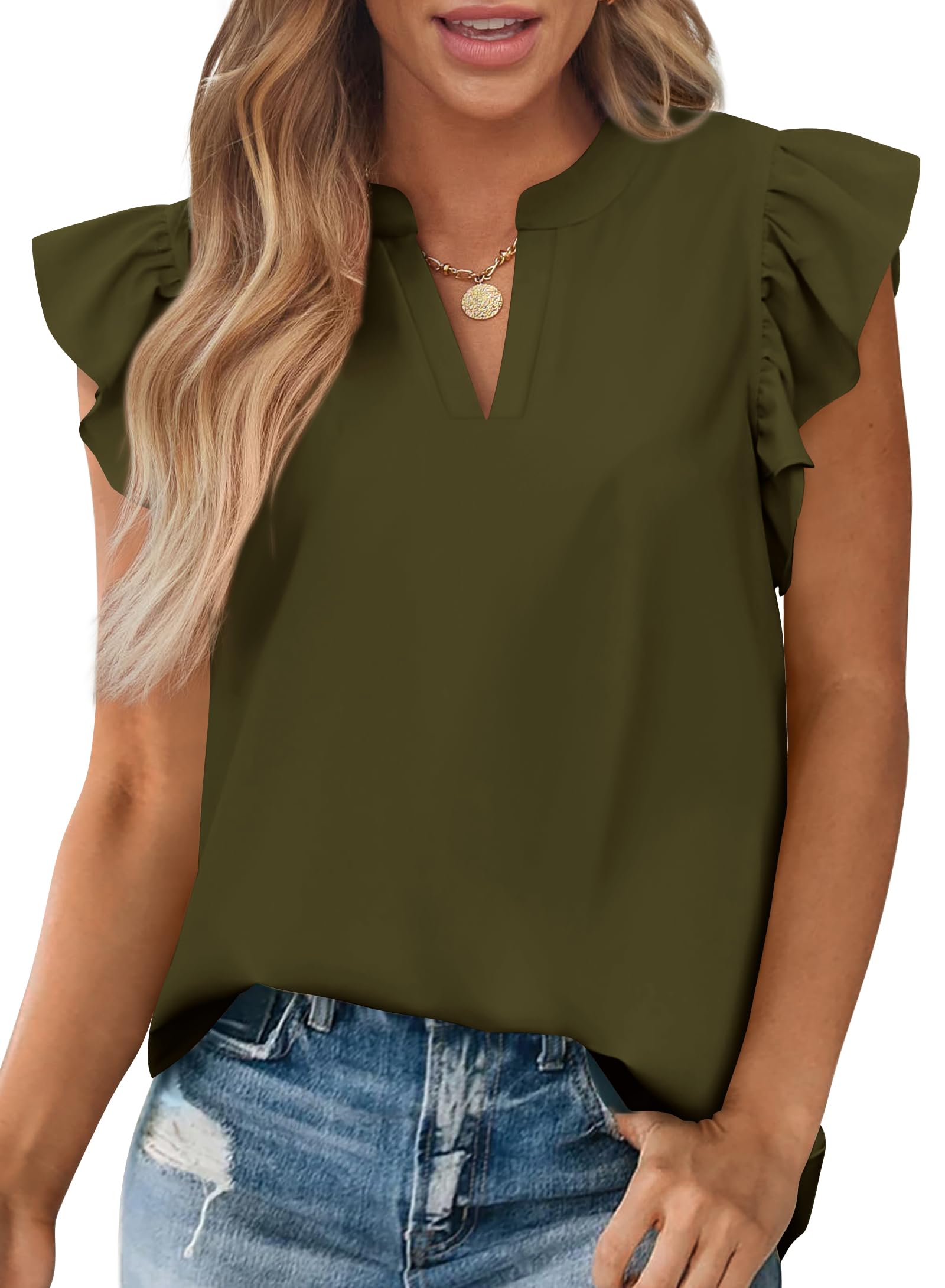 Zenlonr Womens Summer Tops 2025 Casual V Neck Ruffle Cap Sleeve Blouse Shirts Solid Color Tunic Tops