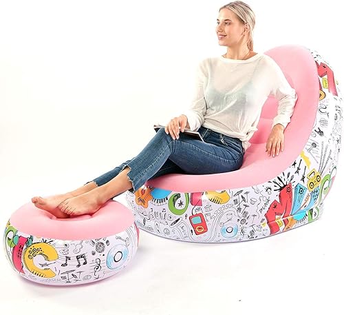 Miniatura 5 de Lazy - Sofá inflable con patrón de graffiti flocado y cojín para los pies, adecuado para el hogar, la oficina y el uso al aire libre, silla familiar