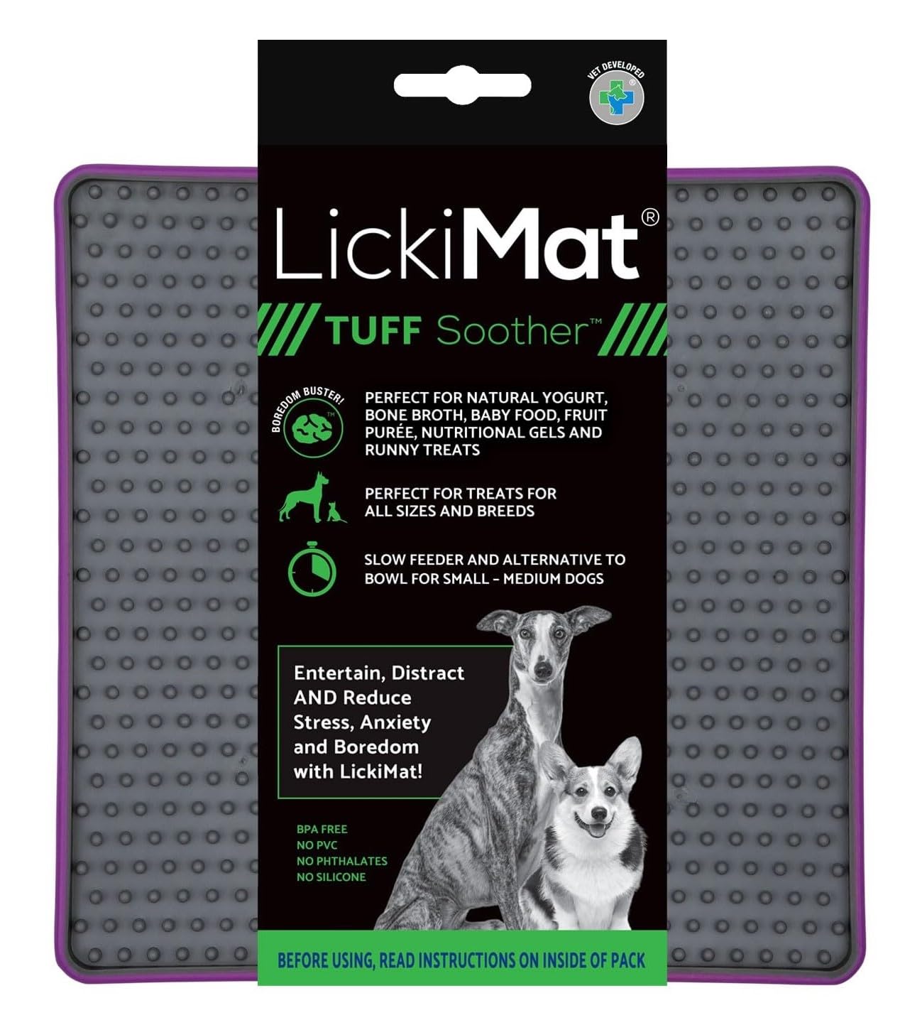 Lickimat Tuff, Heavy-Duty Soother, Dog Slow Feeder Lick Mat, Boredom Anxiety Reducer; Perfect for Food, Treats, Yogurt, or Peanut Butter, Fun Alternative to a Slow Feed Dog Bowl, Purple