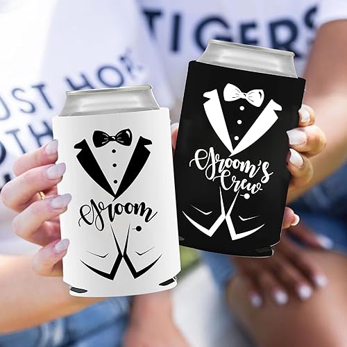 Miniatura 7 de BachpartyGifts Recuerdos de despedida de soltero, 8 piezas, fundas enfriadoras de latas de cerveza para novios de boda (corbata dorada)