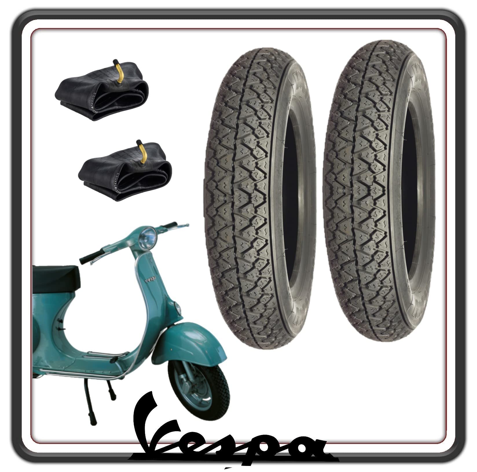 KIT DUE PNEUMATICO PNEUMATICI COPERTONE COPERTONI GOMMA GOMME COPERTURE PER VESPA 50 N - L - R CON FARO TONDO CON CAMERE D'ARIA.