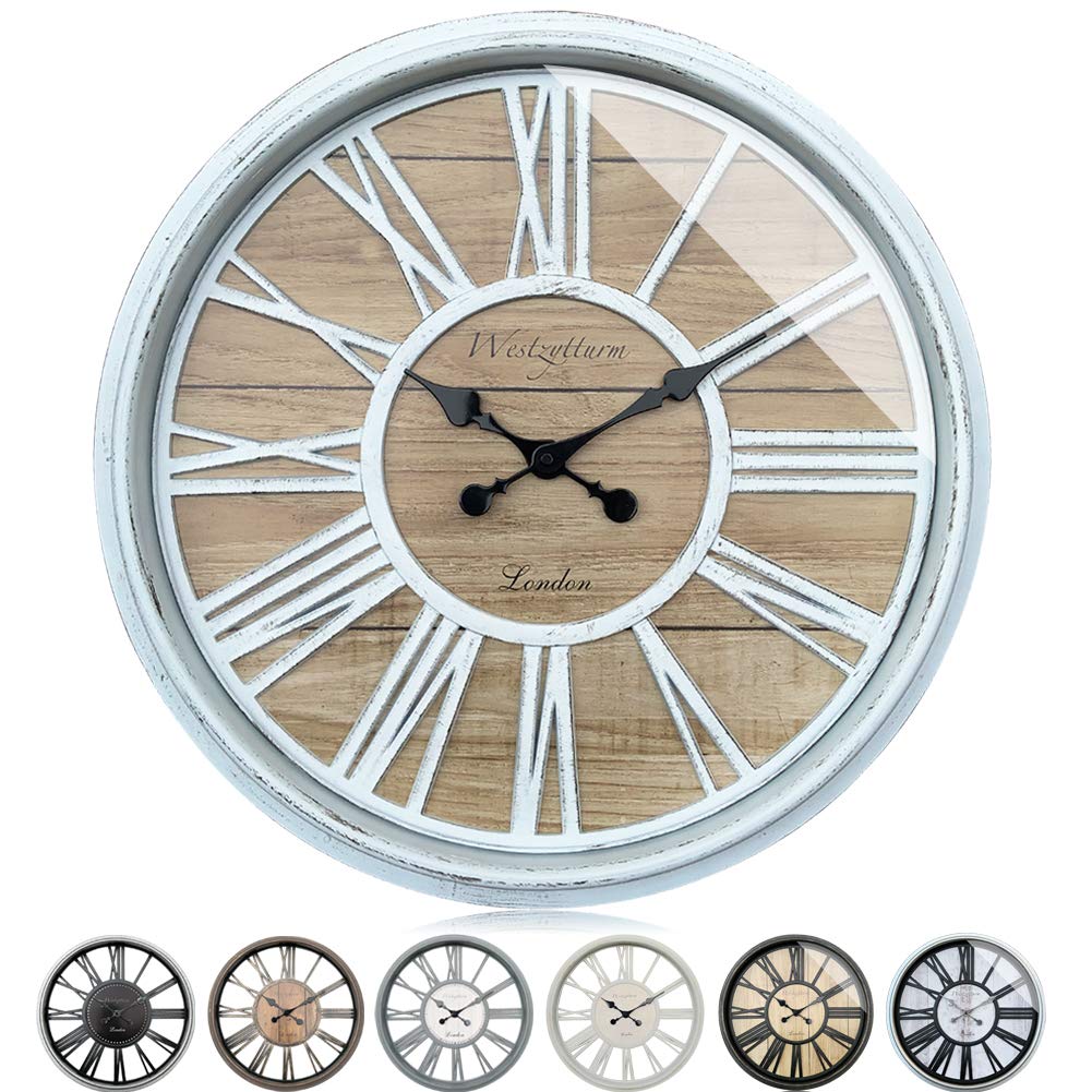 Westzytturm Rustic Wall Clock 20 inch Farmhouse Clock Large Roman Numeral Silent Wall Clocks Battery Operated Non Ticking Big Clocks for Bedroom,Kitchen,Office,Living Room Decor(White)