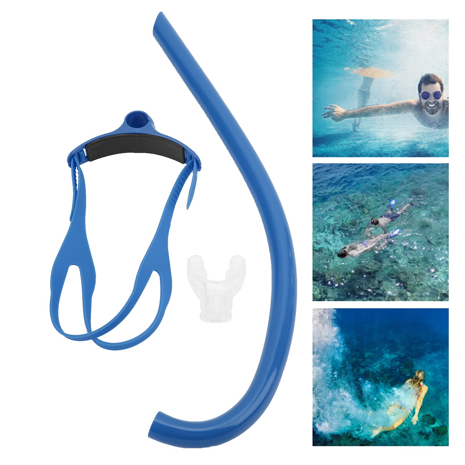 Swim Snorkel Silicone Mouthpiece Swim Training Snorkel, Adjustable Headband with Tapered Tube for Balancing the Body (Blue)