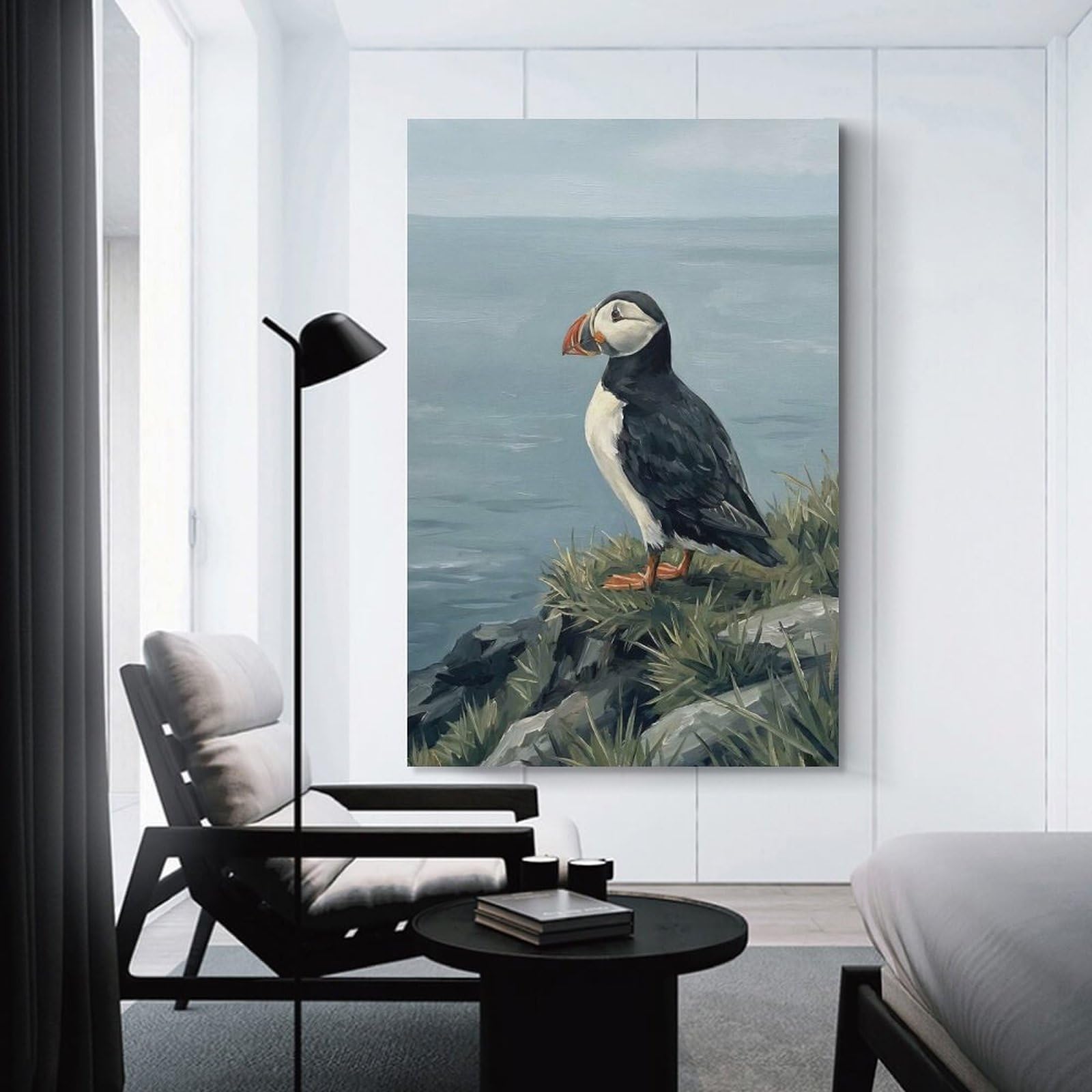 Junmoney Puffin on A Cliff Overlooking The Ocean Home Decor Wall Art 12x18inch(30x45cm), for Office, Study Or Home Workspace, Home Office Artwork with Decorative Appeal