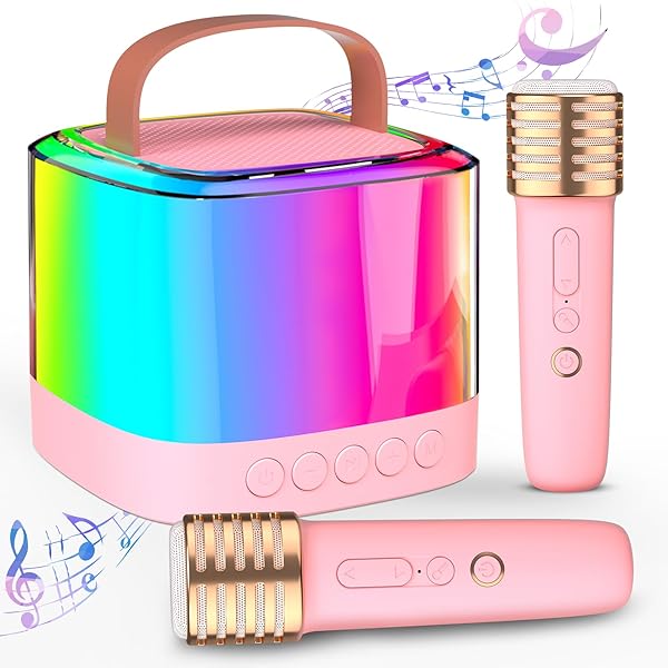 TAEMVV Mini Karaoke Machine for Kids with 2 Wireless Microphones, Portable Bluetooth Speaker & LED Lights, Birthday Gift Toy for Girls and Boys Ages 312+ (Pink)