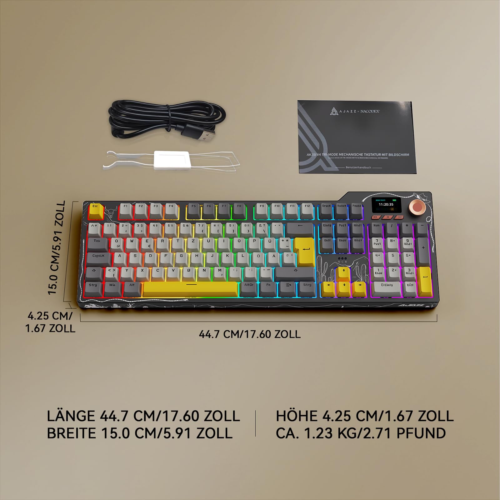 AJAZZ AK35I V3 MAX Mechanical Keyboard, 104-Key Hot Swappable Wireless Keyboard with TFT Screen and Volume Control Knob, RGB Backlit, 2.4GHz/USB-C/BT Gaming Keyboards, Black Grey Yellow
