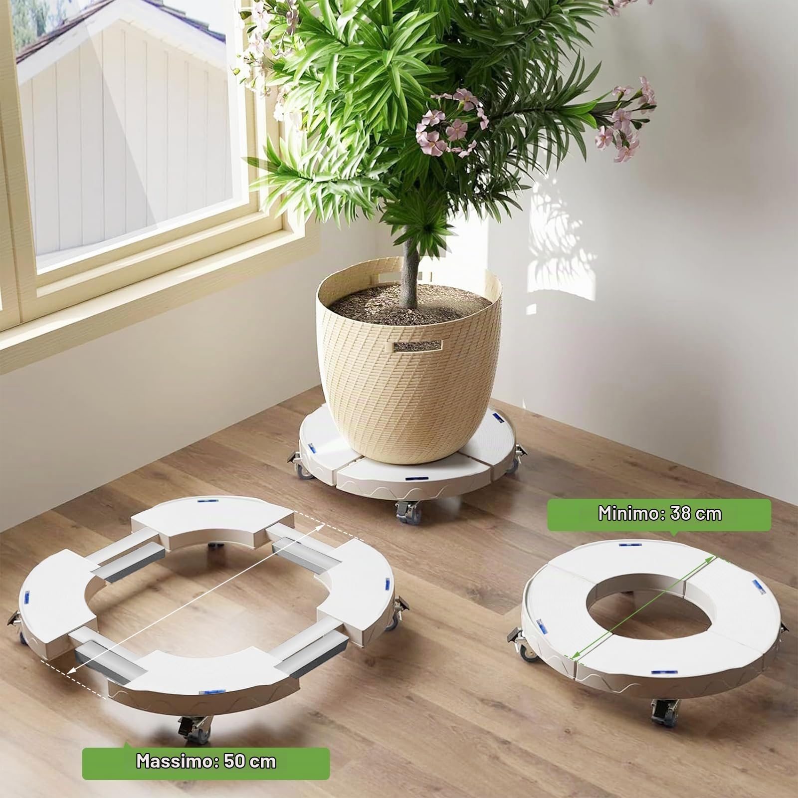 DEWEL Supporto per piante con ruote regolabile 38-51,5 cm, 200 kg,Bianco