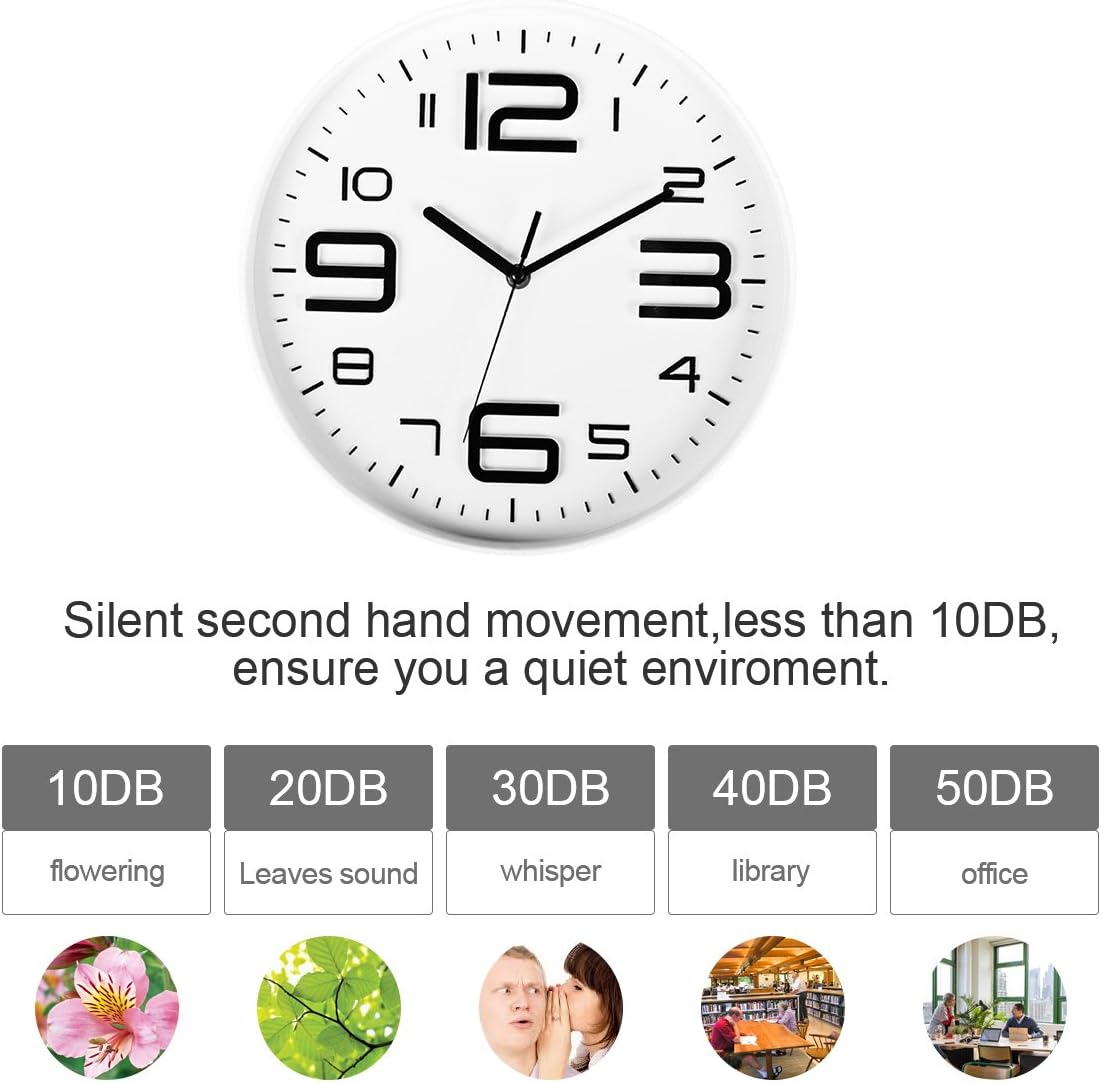 SonYo Indoor Big 3D Number Silent& Non-Ticking Wall Clock Quartz Sweep Movement Modern Wall Clocks Battery Operated 10 Inch (White)