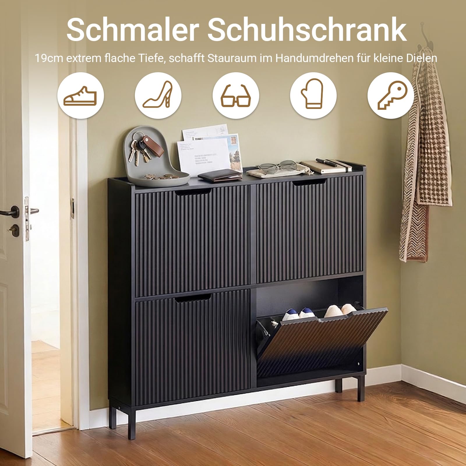 SoBuy Schuhschrank Schmal - Schuhkipper Schmal mit 4 Türen - Ideal für Enge Flure, Eingangsbereich oder Schlafzimmer - Schuhschrank Schwarz - B100 x T19 x H91 cm - FSR177-L-SCH