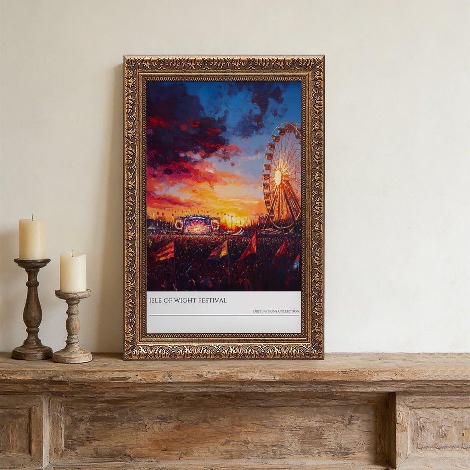 Mnyuein Isola di Wight Festival Tramonto Poster Musica Fest Stampa artistica su tela Poster Wall Art Decor Stampa Dipinti per soggiorno camera da letto Decorazione Retro Gold Frame 40,6 cm L x 61 cm W